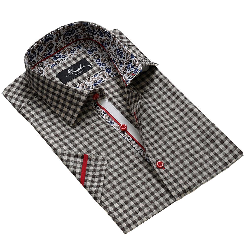 Black checkered paisley men's short sleeve button-up shirt made from luxury European cotton, showcasing a modern design and tailored fit.