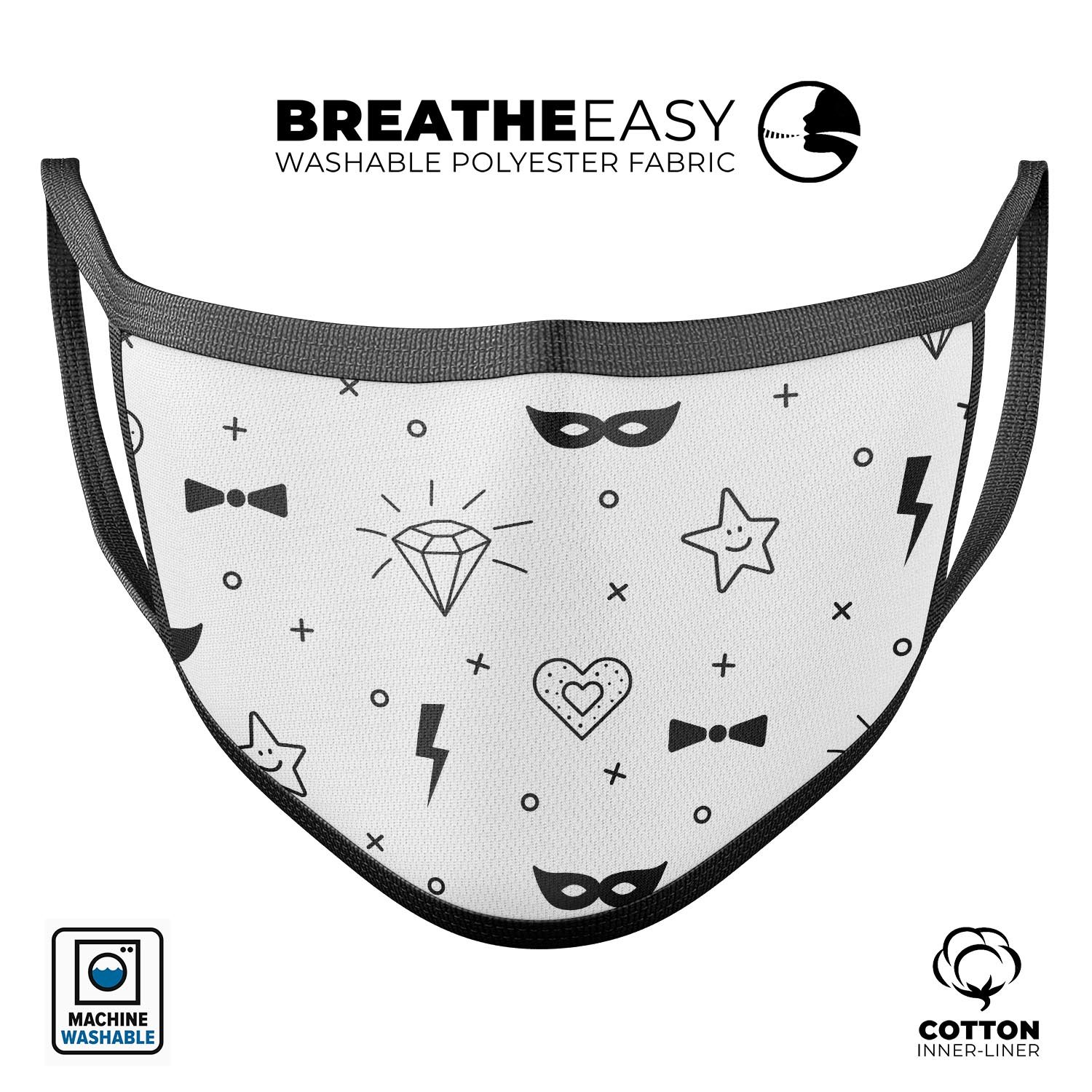 Black Doodles with Lightning unisex mouth cover, showcasing a vibrant design and adjustable ear loops for a comfortable fit.
