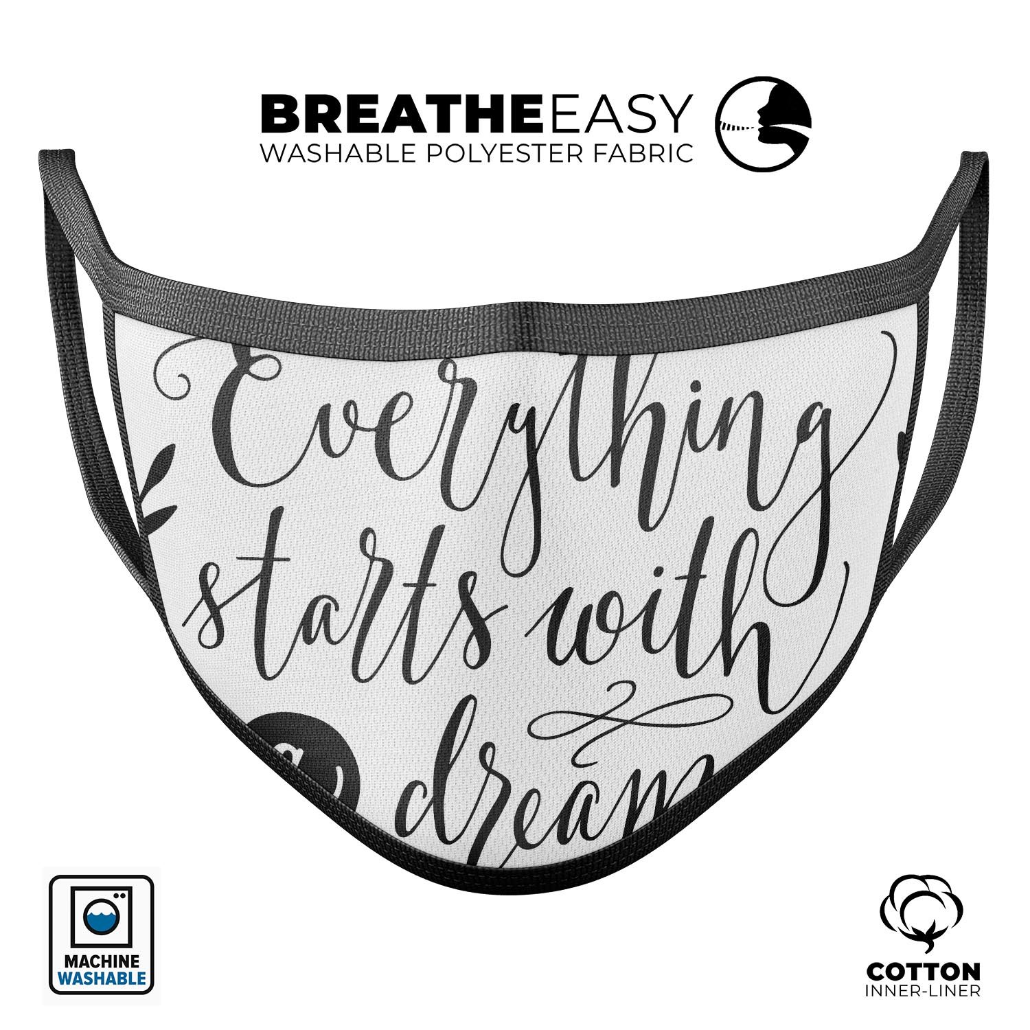 Black reusable mouth cover with 'Everything Starts with a Dream' design, made in the USA, featuring adjustable ear loops and soft cotton material.