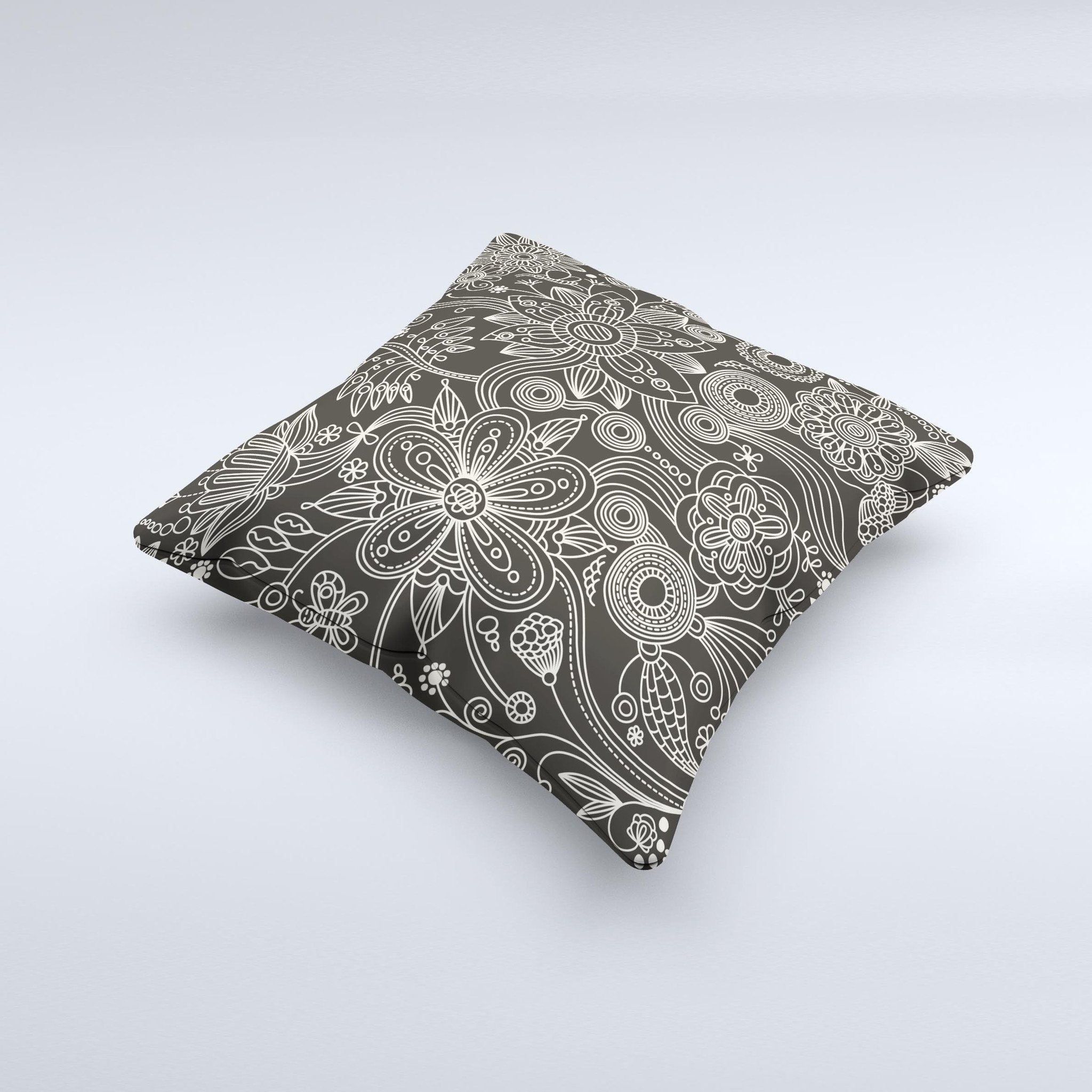 Black Floral Laced Pattern V2 Decorative Throw Pillow with intricate floral design, handcrafted in Virginia, showcasing high-quality fabric and unique print.