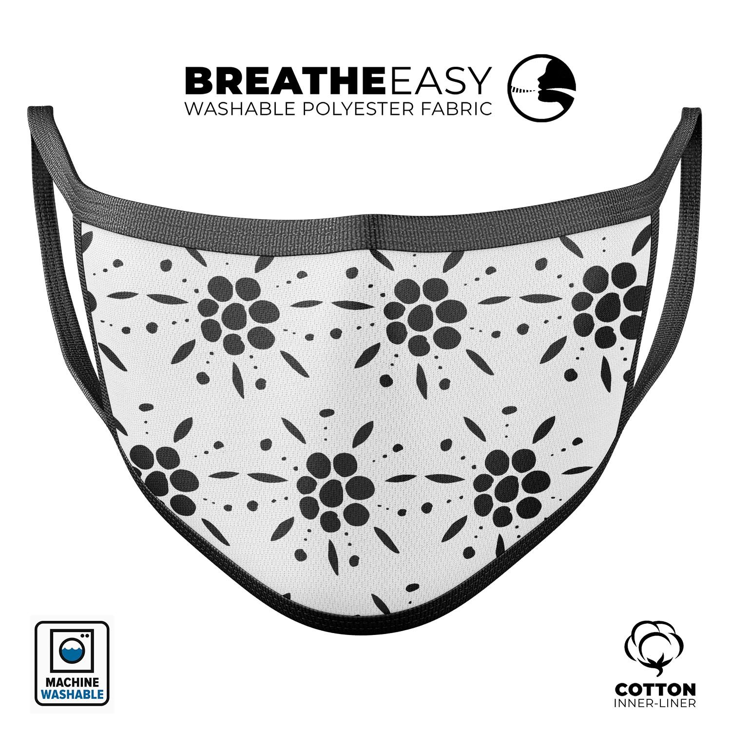 Black floral patterned face mask with clear backing, showcasing a stylish design and adjustable ear loops.