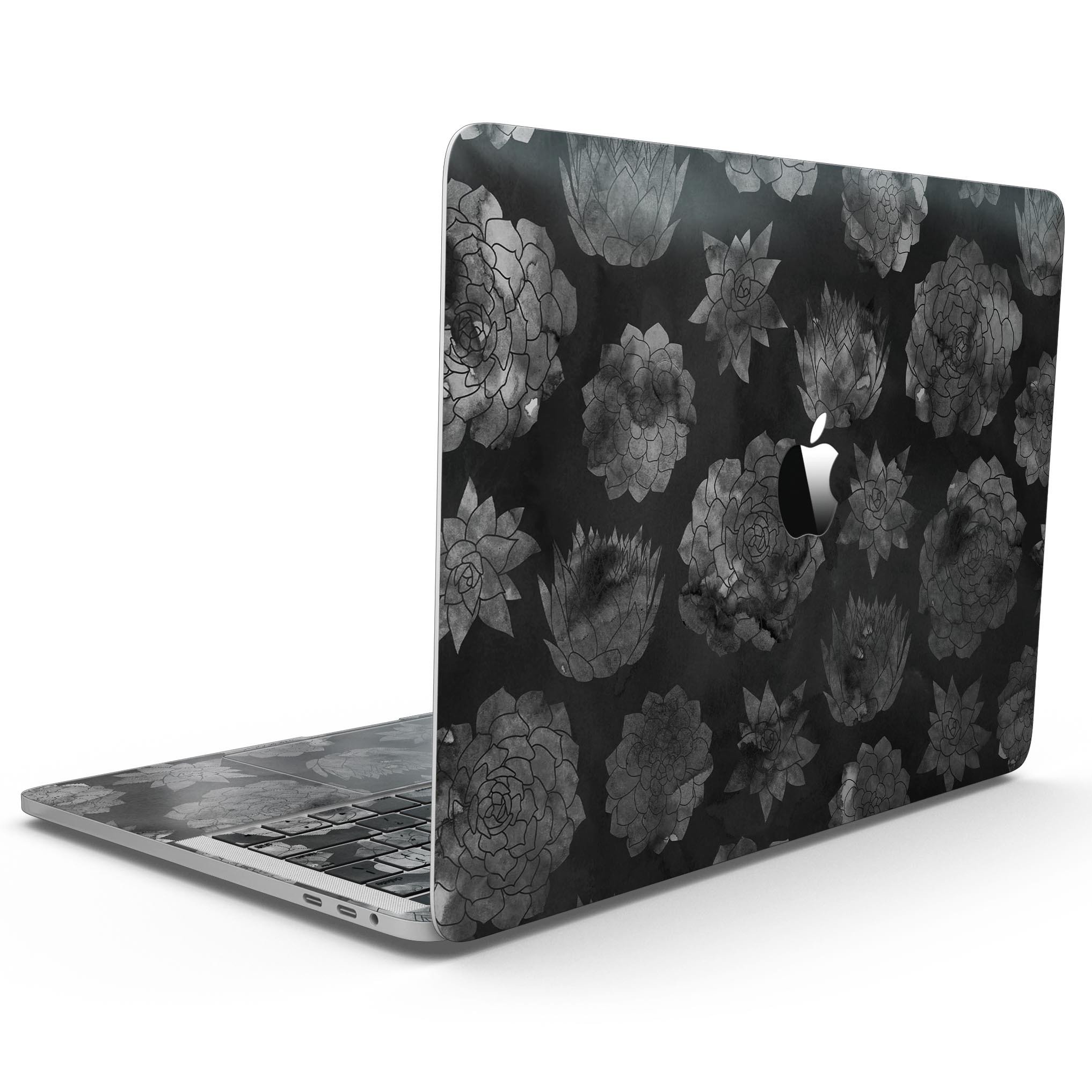 Black Floral Succulents skin kit for MacBook Pro, showcasing a vibrant floral design on premium vinyl material.