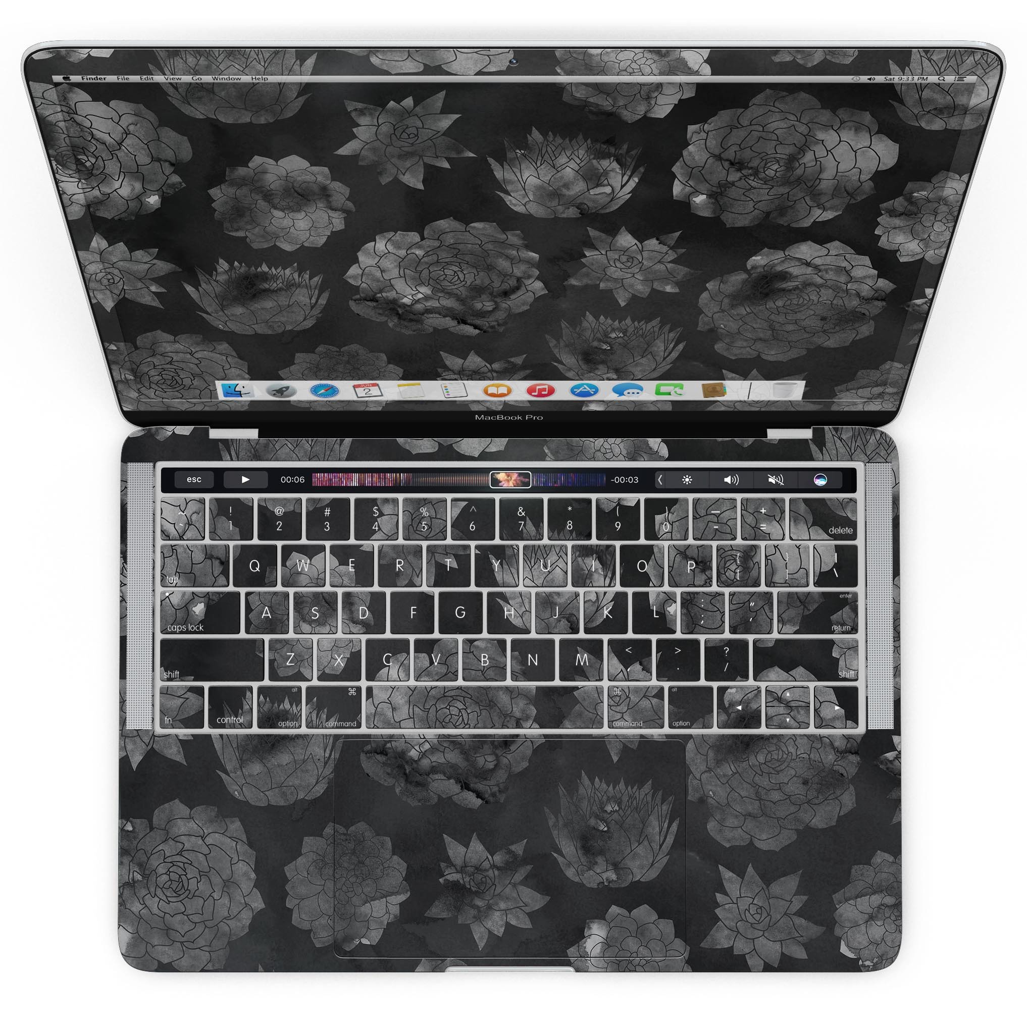 Black Floral Succulents skin kit for MacBook Pro, showcasing a vibrant floral design on premium vinyl material.