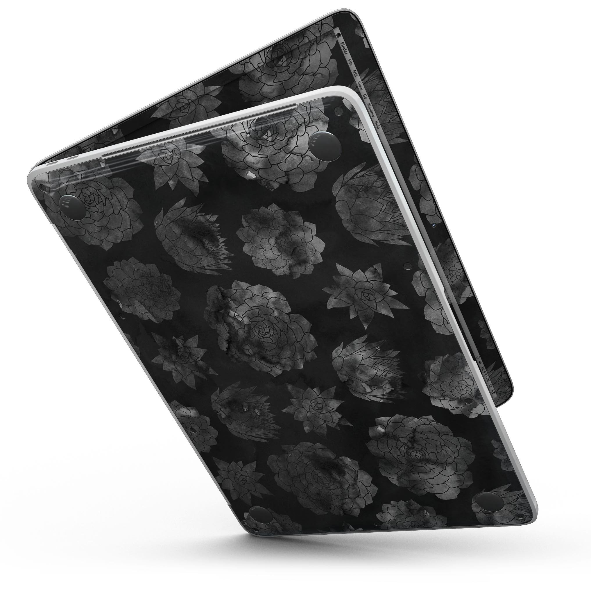 Black Floral Succulents skin kit for MacBook Pro, showcasing a vibrant floral design on premium vinyl material.