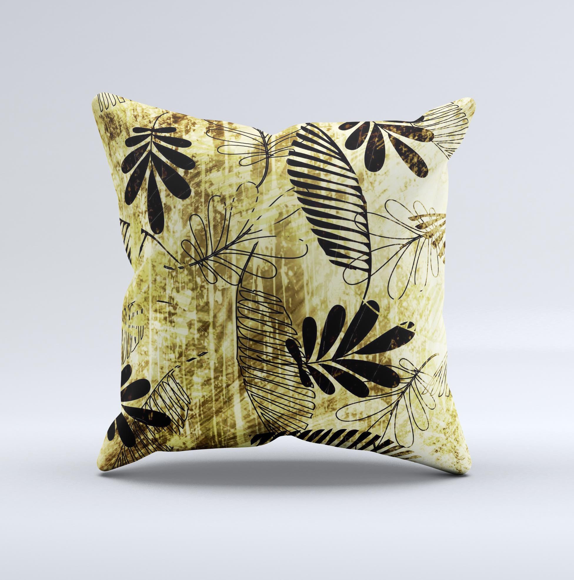 Black and gold decorative throw pillow featuring a grunge leaf design, handcrafted in Virginia with high-quality materials.