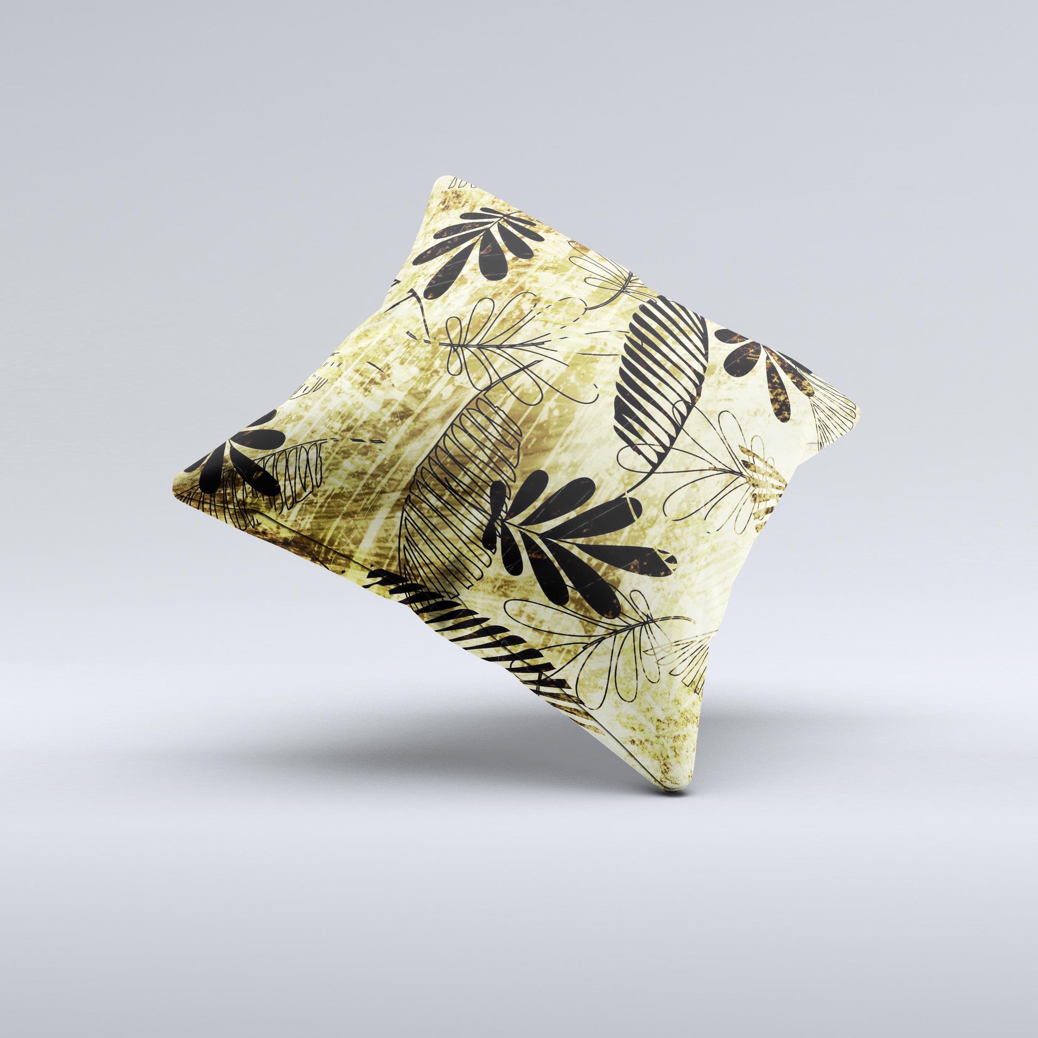 Black and gold decorative throw pillow featuring a grunge leaf design, handcrafted in Virginia with high-quality materials.