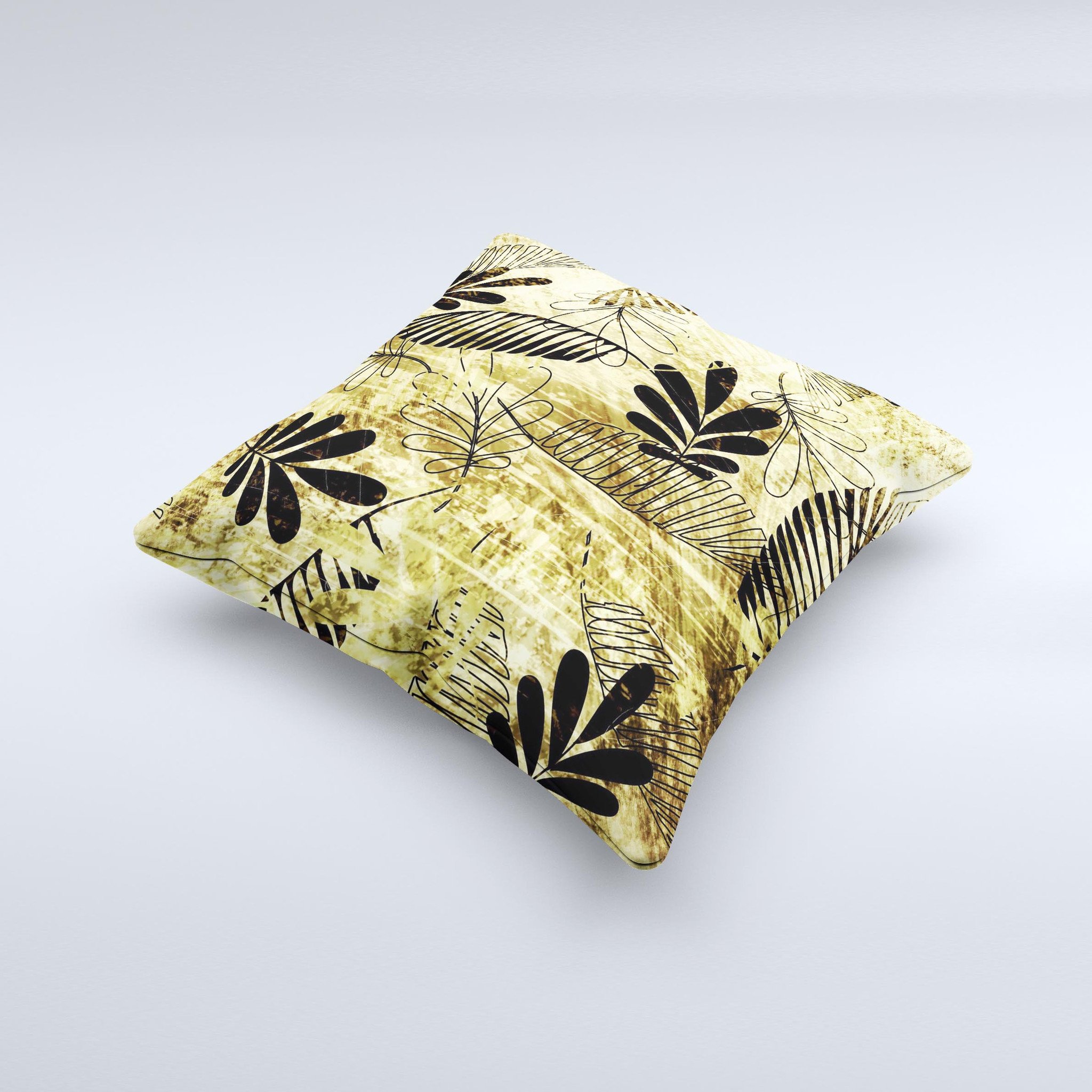 Black and gold decorative throw pillow featuring a grunge leaf design, handcrafted in Virginia with high-quality materials.