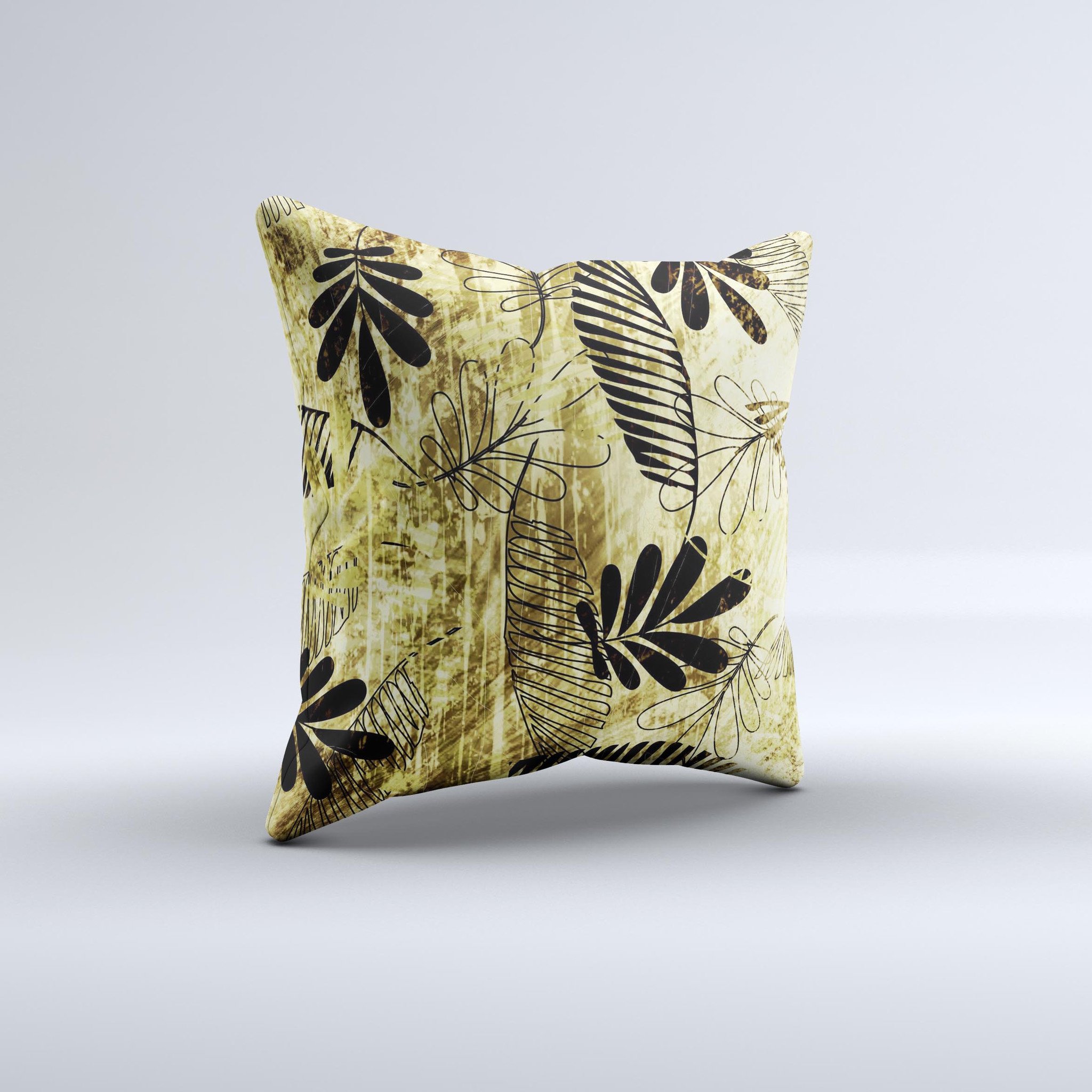 Black and gold decorative throw pillow featuring a grunge leaf design, handcrafted in Virginia with high-quality materials.