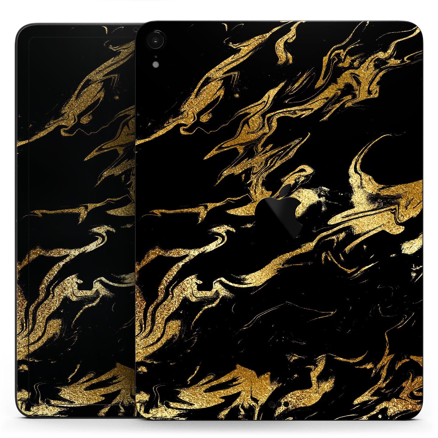 Black and gold marble swirl skin decal for Apple devices, showcasing a stylish design with premium finish.