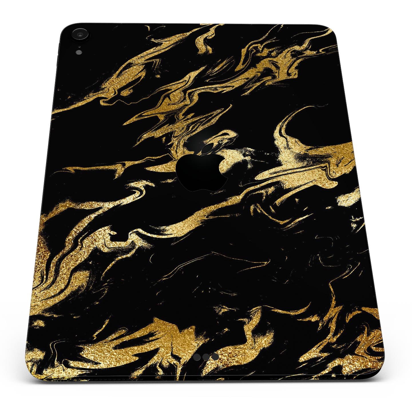 Black and gold marble swirl skin decal for Apple devices, showcasing a stylish design with premium finish.
