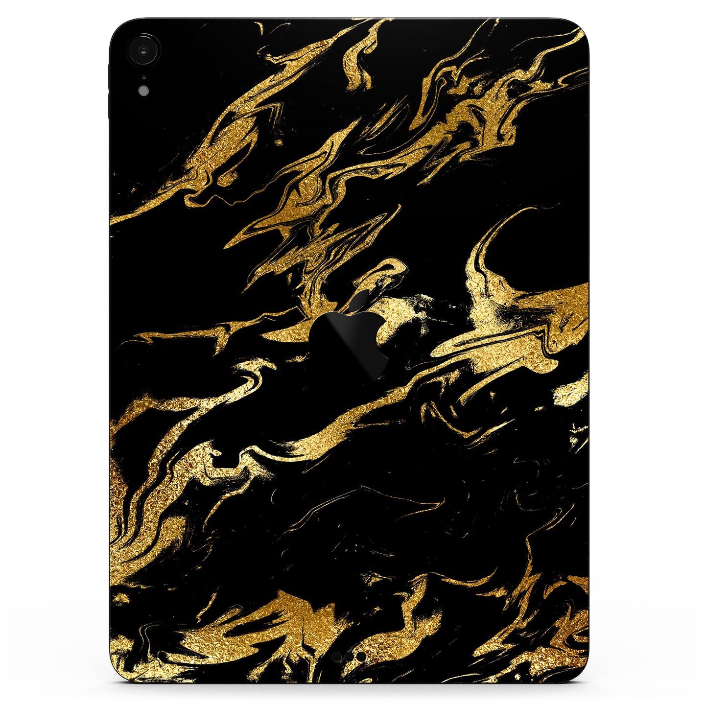 Black and gold marble swirl skin decal for Apple devices, showcasing a stylish design with premium finish.