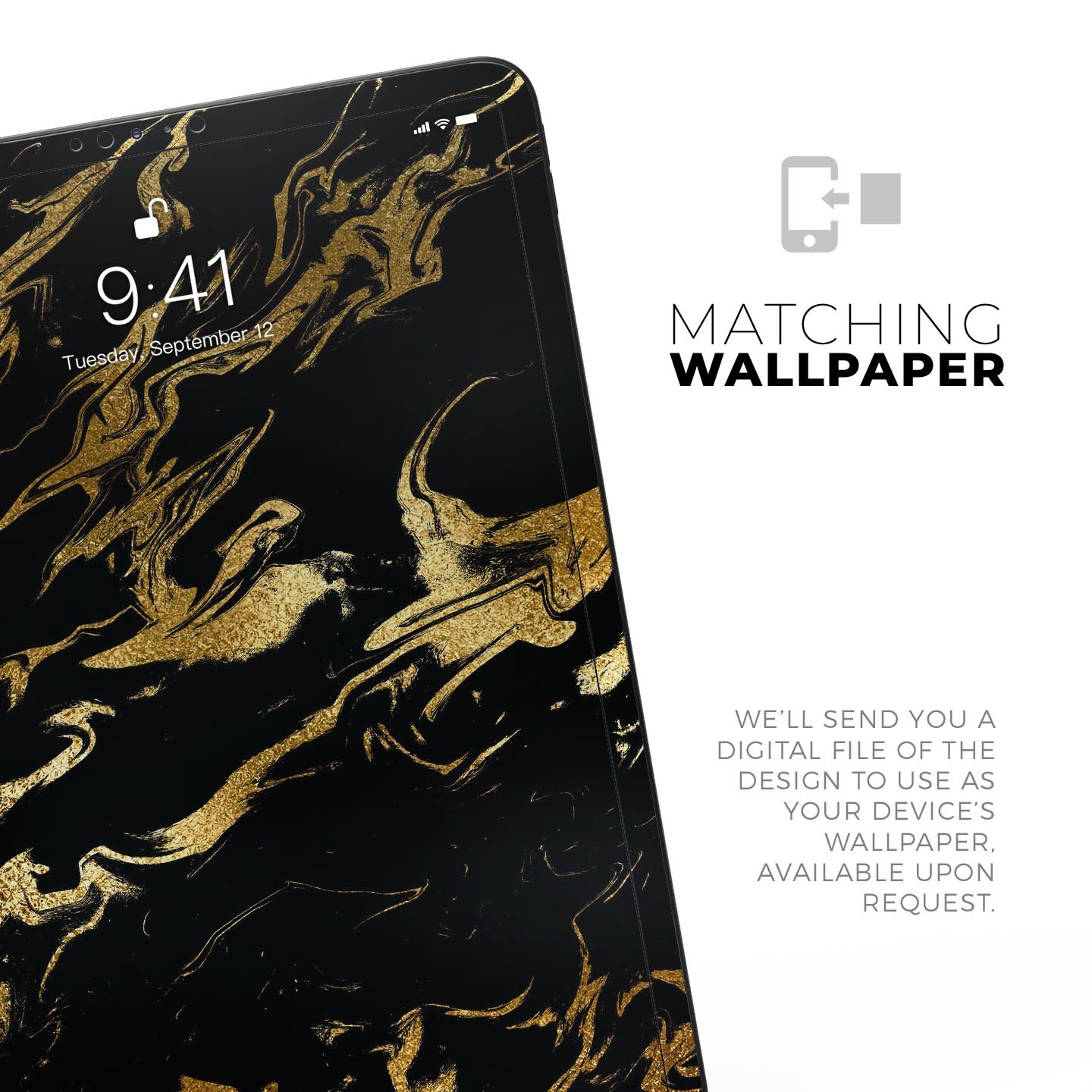 Black and gold marble swirl skin decal for Apple devices, showcasing a stylish design with premium finish.