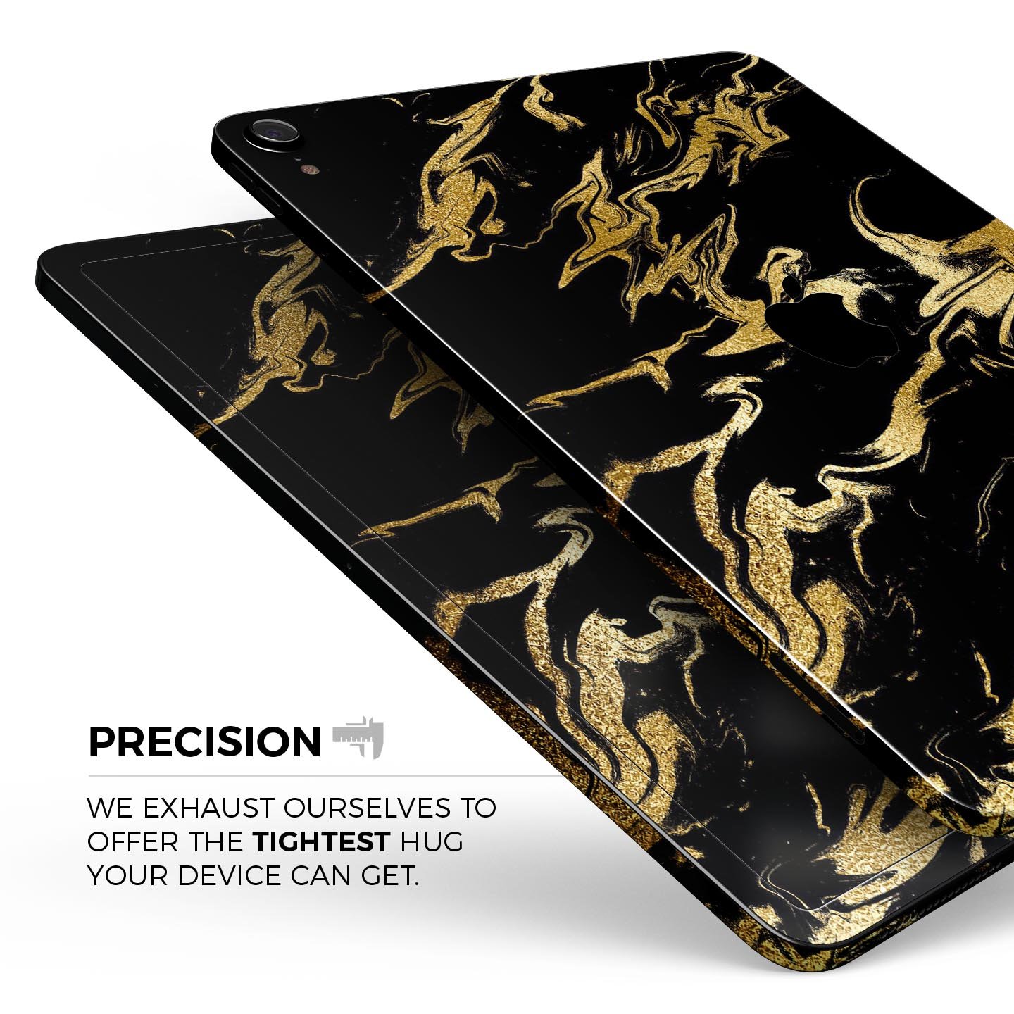 Black and gold marble swirl skin decal for Apple devices, showcasing a stylish design with premium finish.