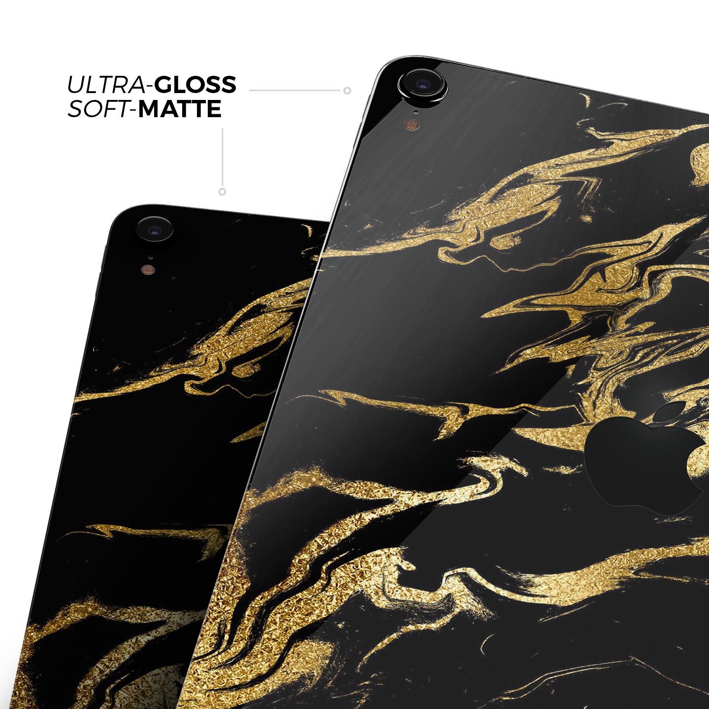 Black and gold marble swirl skin decal for Apple devices, showcasing a stylish design with premium finish.