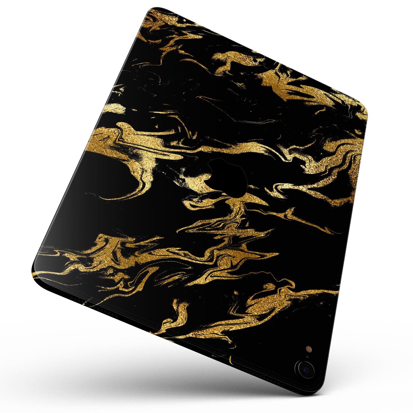 Black and gold marble swirl skin decal for Apple devices, showcasing a stylish design with premium finish.