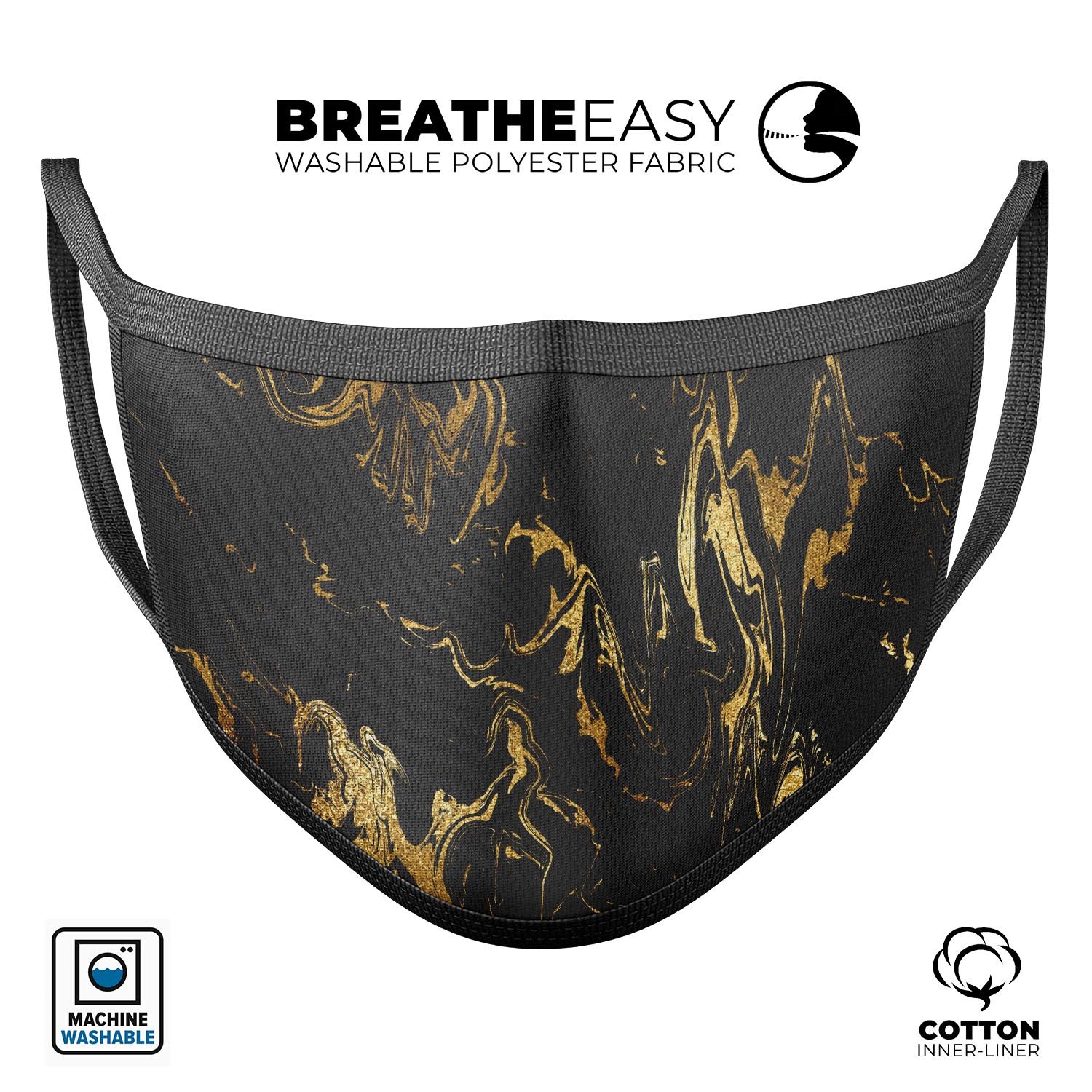 Black & Gold Marble Swirl V1 mouth cover, a stylish and comfortable reusable face mask made in the USA, featuring adjustable ear loops.