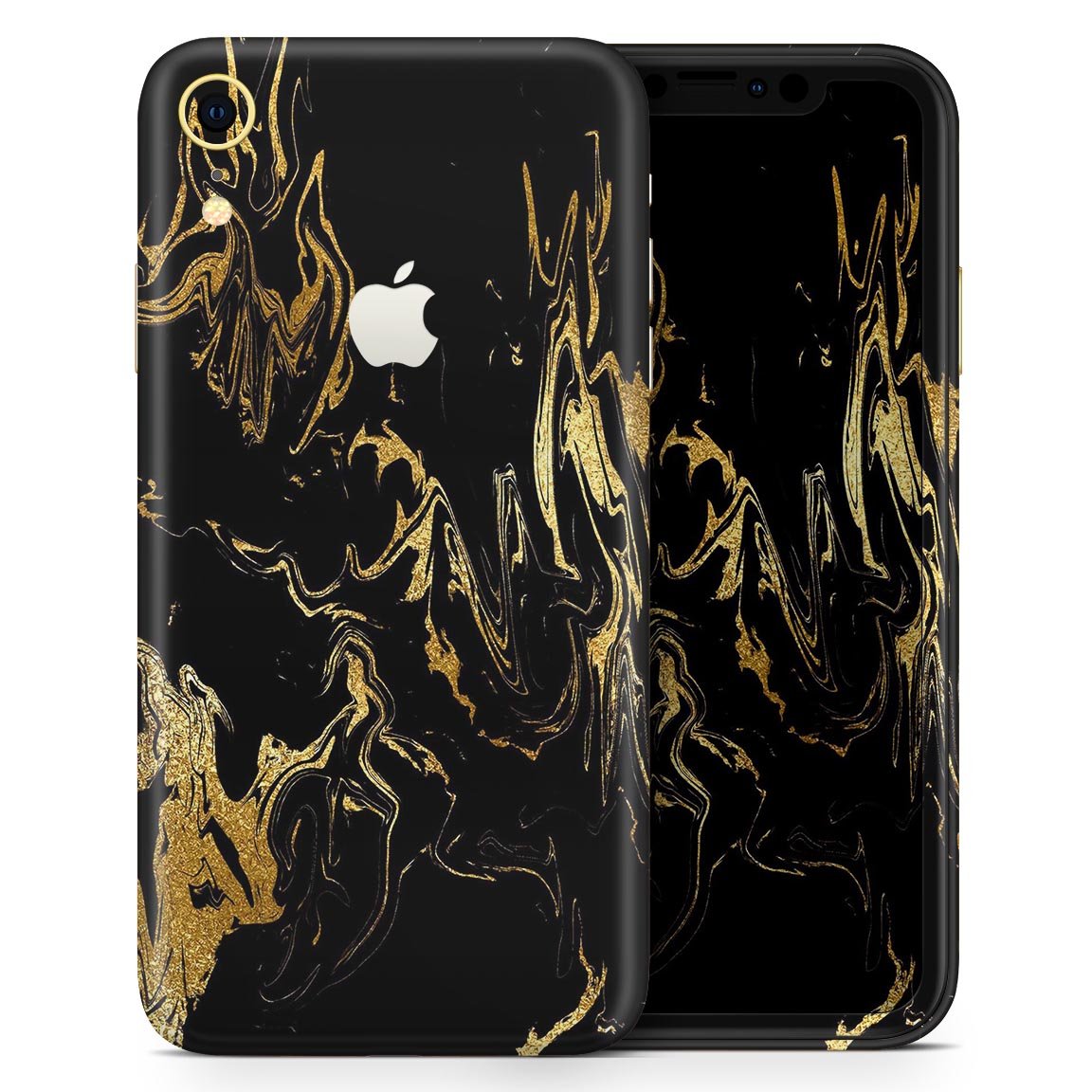 Black and gold marble swirl skin kit for Apple iPhone XR and XS, showcasing a stylish design that enhances device appearance.