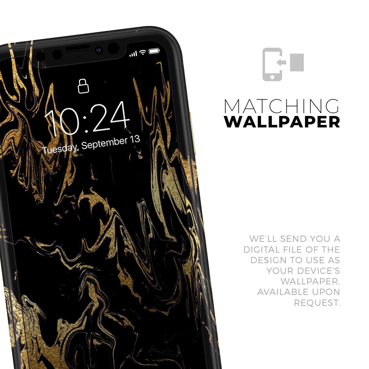 Black and gold marble swirl skin kit for Apple iPhone XR and XS, showcasing a stylish design that enhances device appearance.