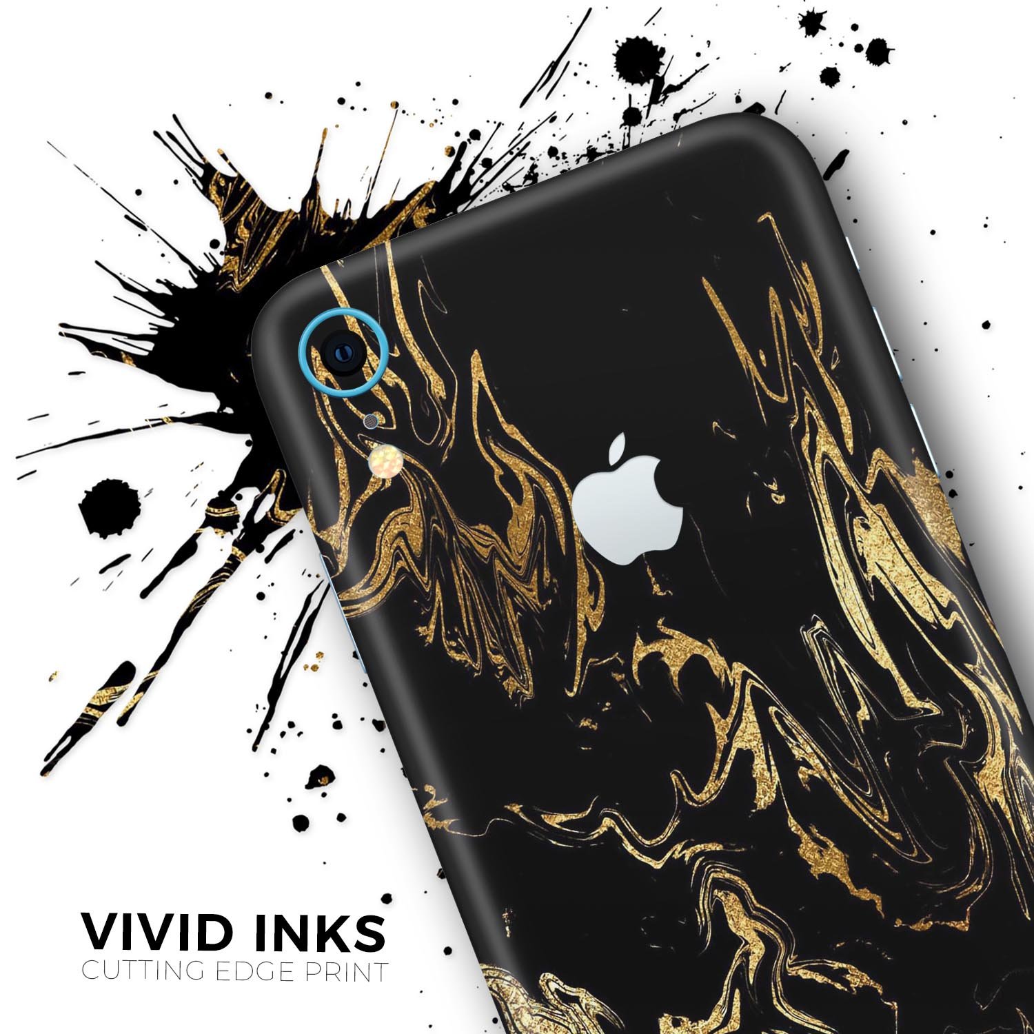 Black and gold marble swirl skin kit for Apple iPhone XR and XS, showcasing a stylish design that enhances device appearance.