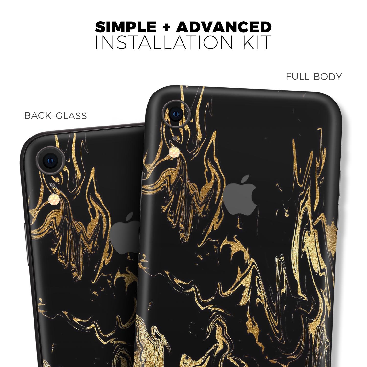 Black and gold marble swirl skin kit for Apple iPhone XR and XS, showcasing a stylish design that enhances device appearance.