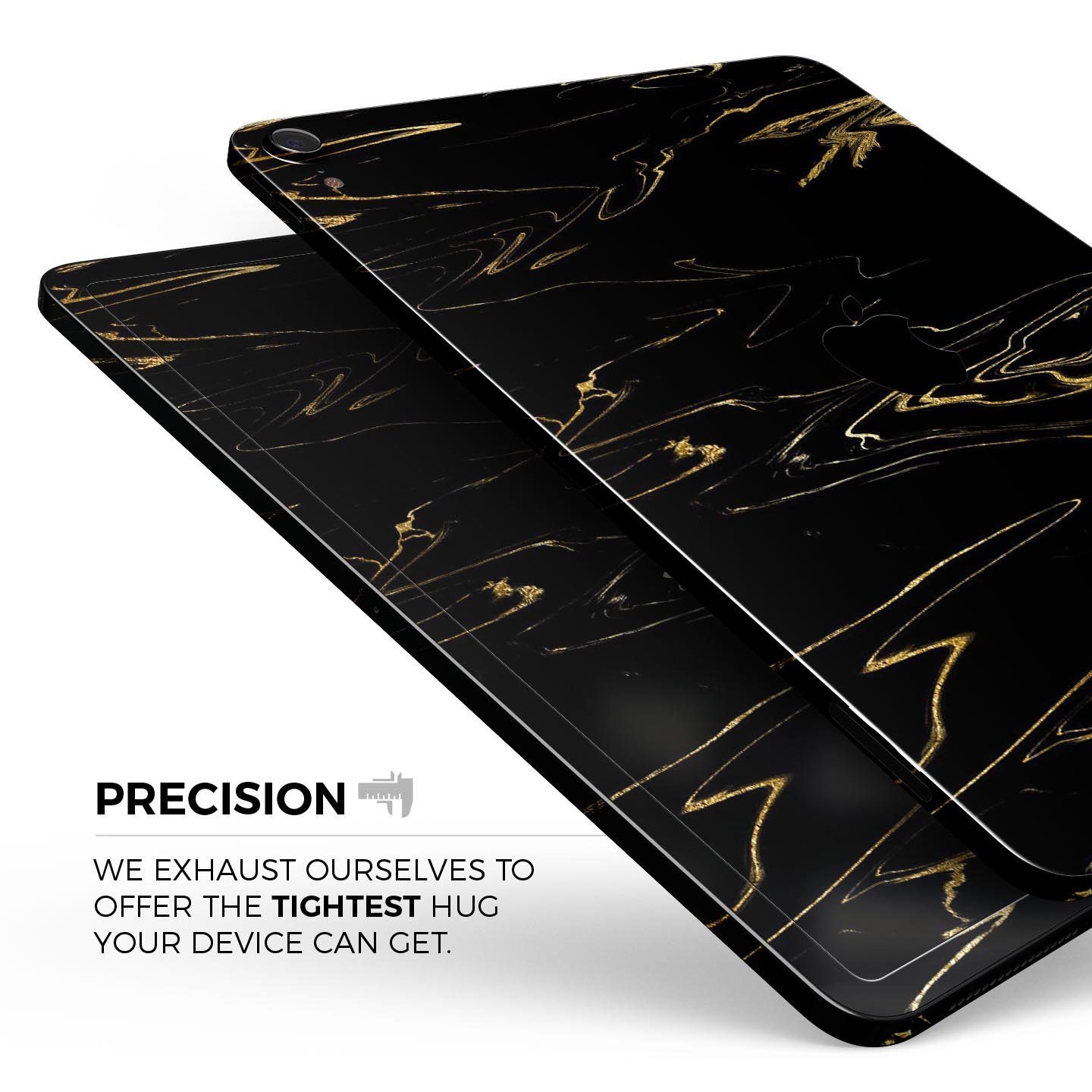Black & Gold Marble Swirl V10 skin decal for Apple devices, showcasing a stylish marble design with a glossy finish.