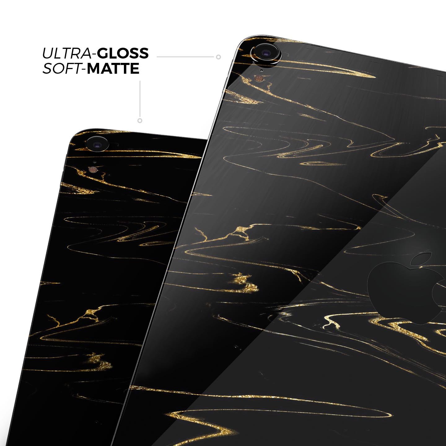 Black & Gold Marble Swirl V10 skin decal for Apple devices, showcasing a stylish marble design with a glossy finish.