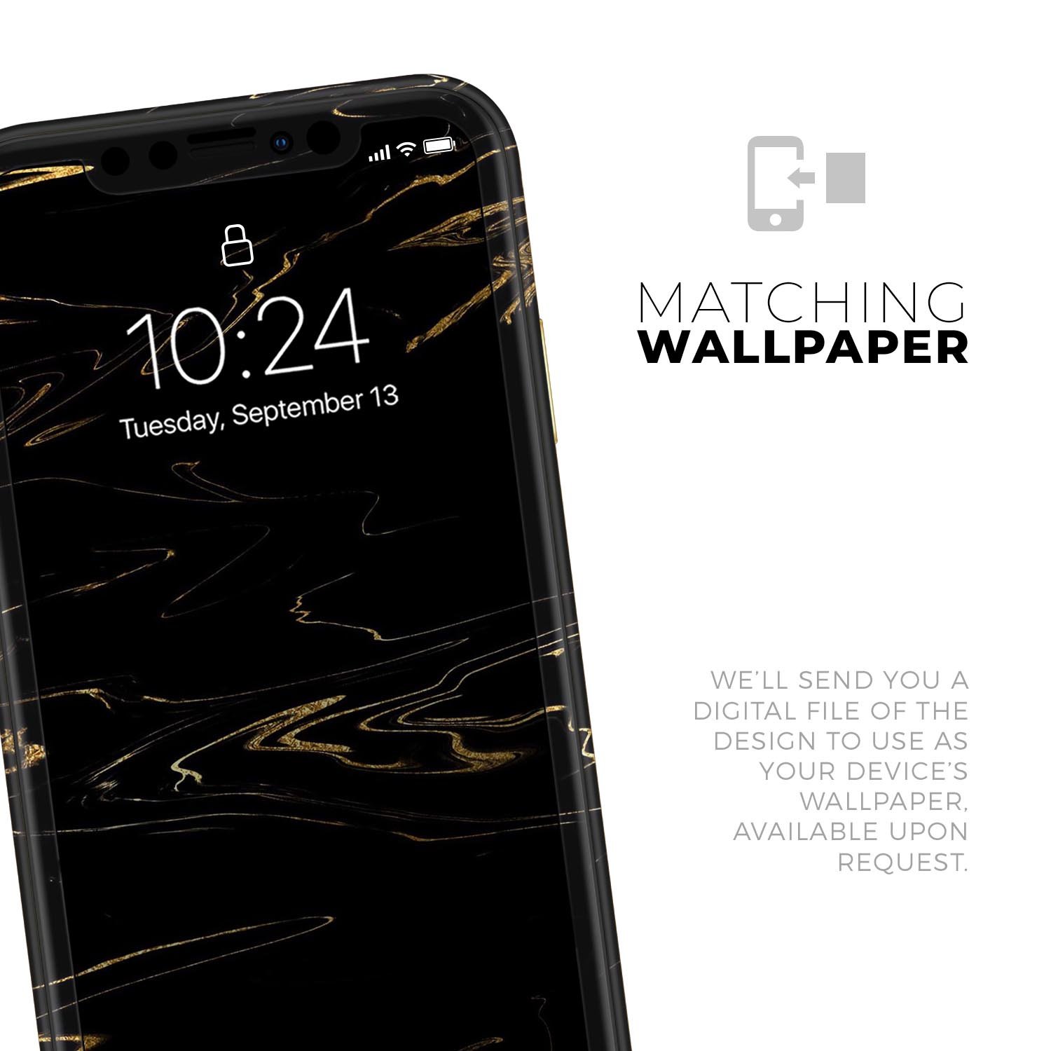 Black & Gold Marble Swirl V10 Skin-Kit for Apple iPhone XR and XS, showcasing a stylish design with a premium finish.