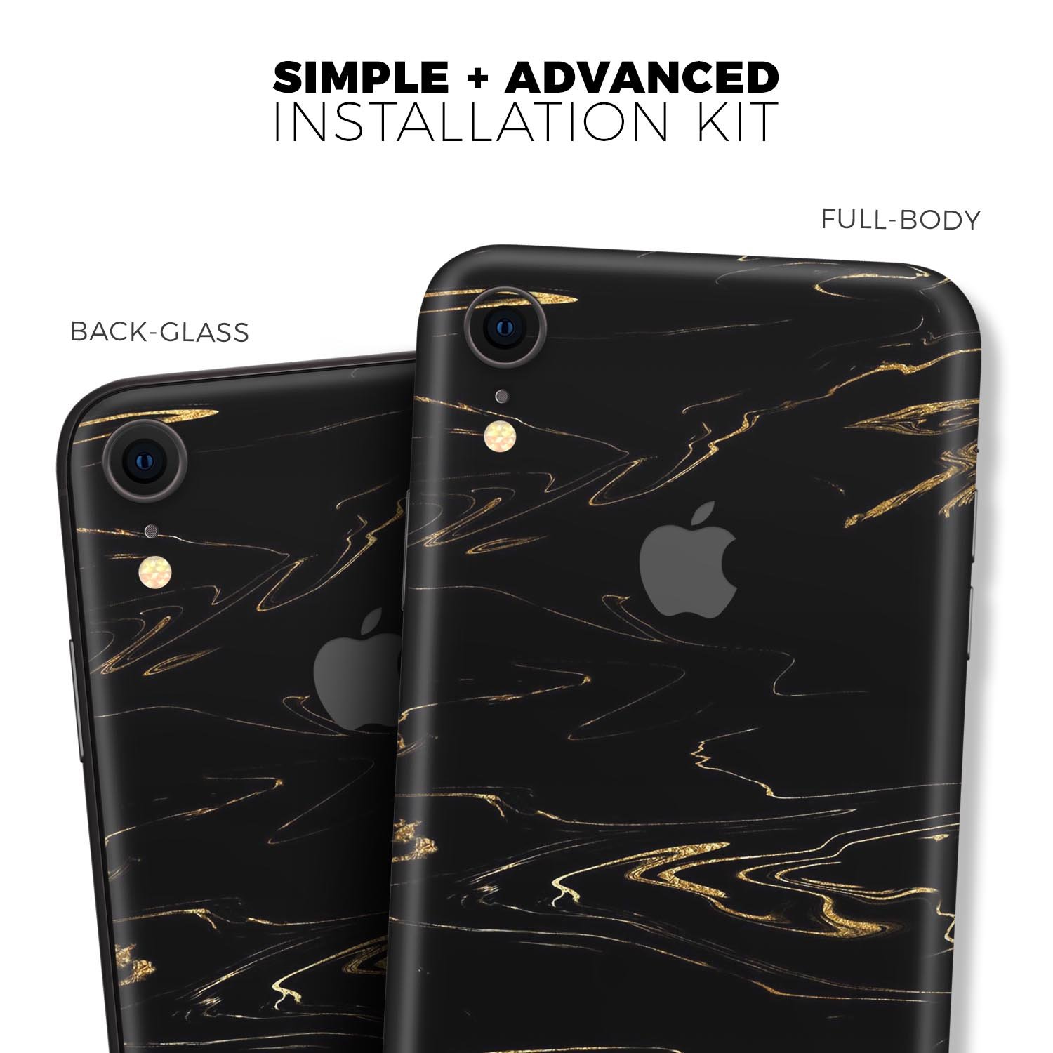 Black & Gold Marble Swirl V10 Skin-Kit for Apple iPhone XR and XS, showcasing a stylish design with a premium finish.
