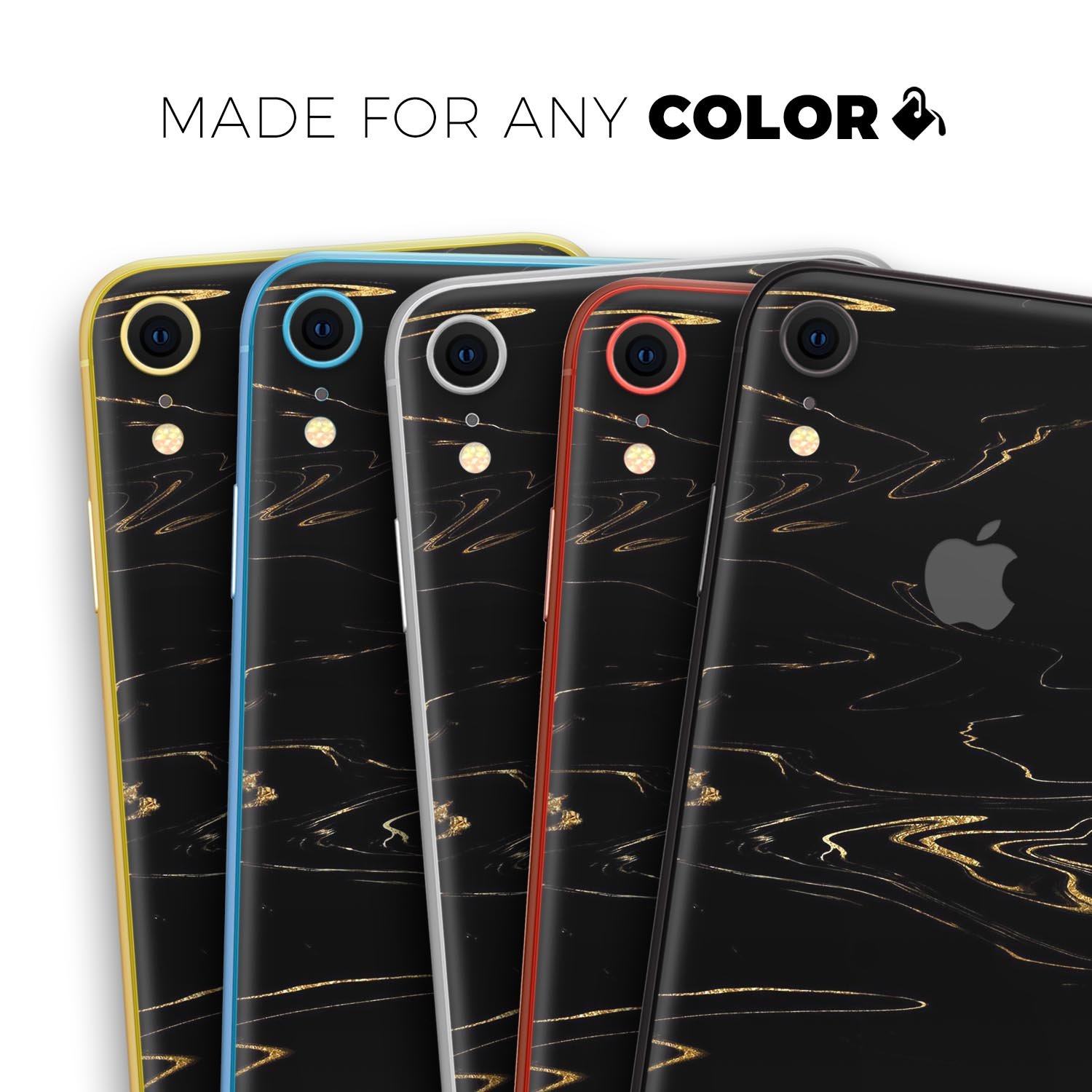 Black & Gold Marble Swirl V10 Skin-Kit for Apple iPhone XR and XS, showcasing a stylish design with a premium finish.