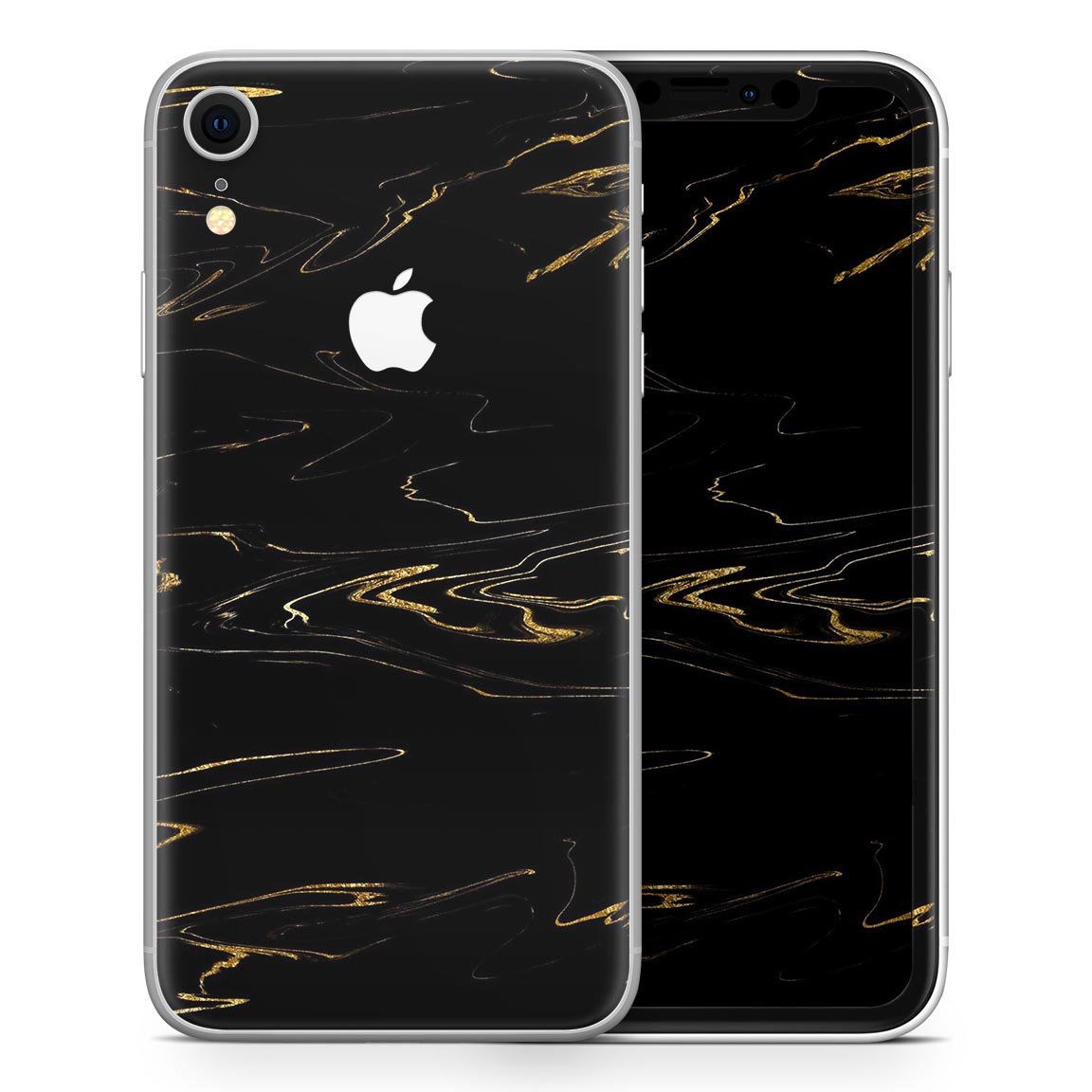 Black & Gold Marble Swirl V10 Skin-Kit for Apple iPhone XR and XS, showcasing a stylish design with a premium finish.