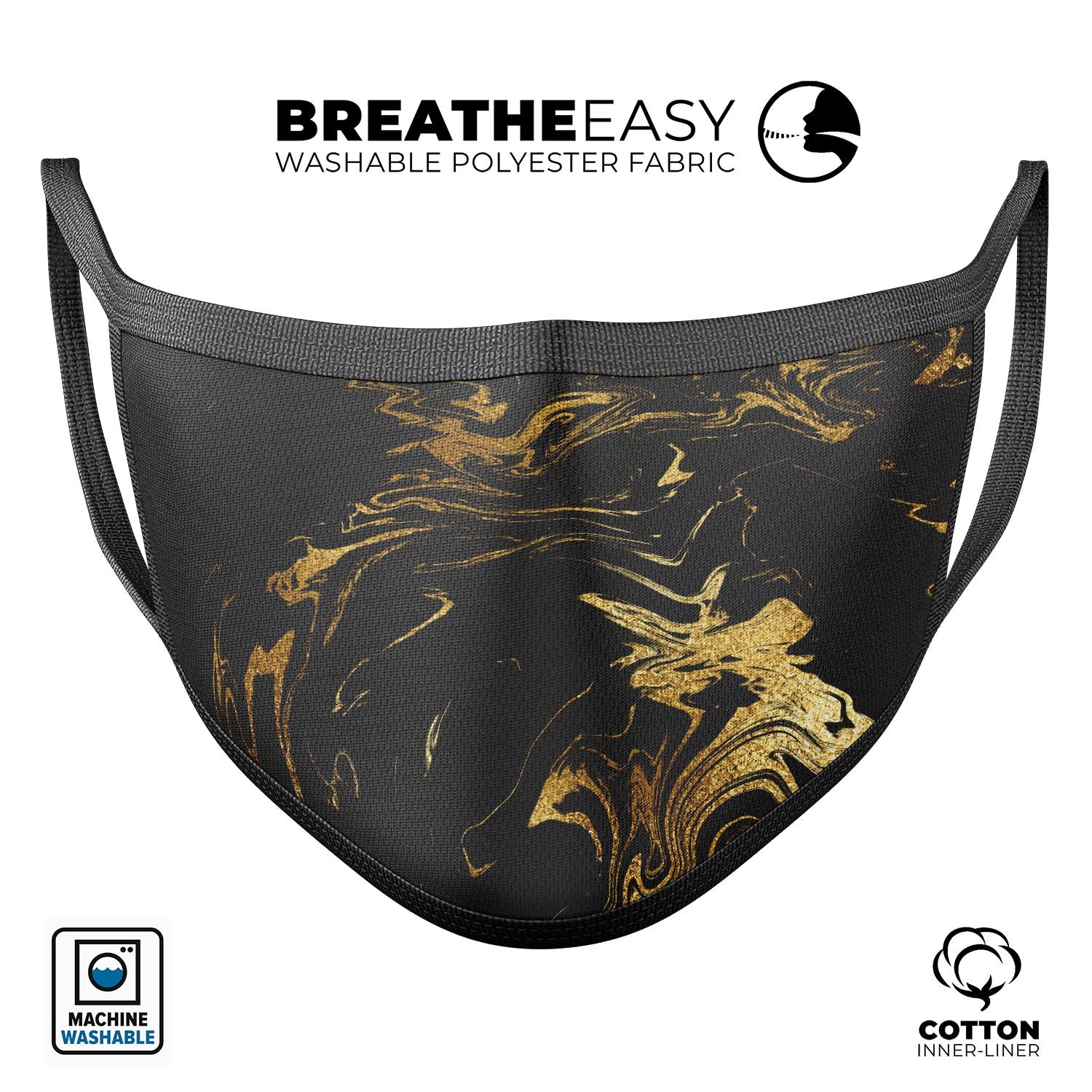 Black & Gold Marble Swirl V12 mouth cover, showcasing a stylish design with adjustable ear loops for a comfortable fit.