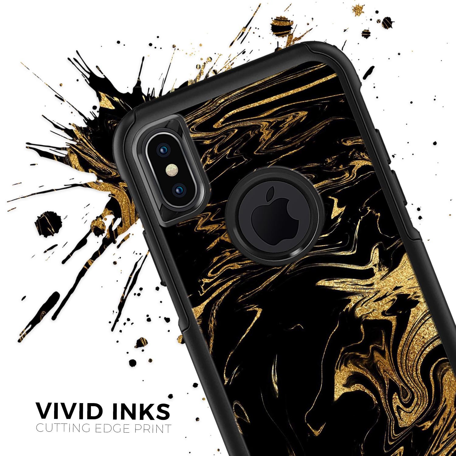 Black & Gold Marble Swirl V12 Skin Kit for iPhone OtterBox Cases, showcasing a stylish marble design with premium finish.