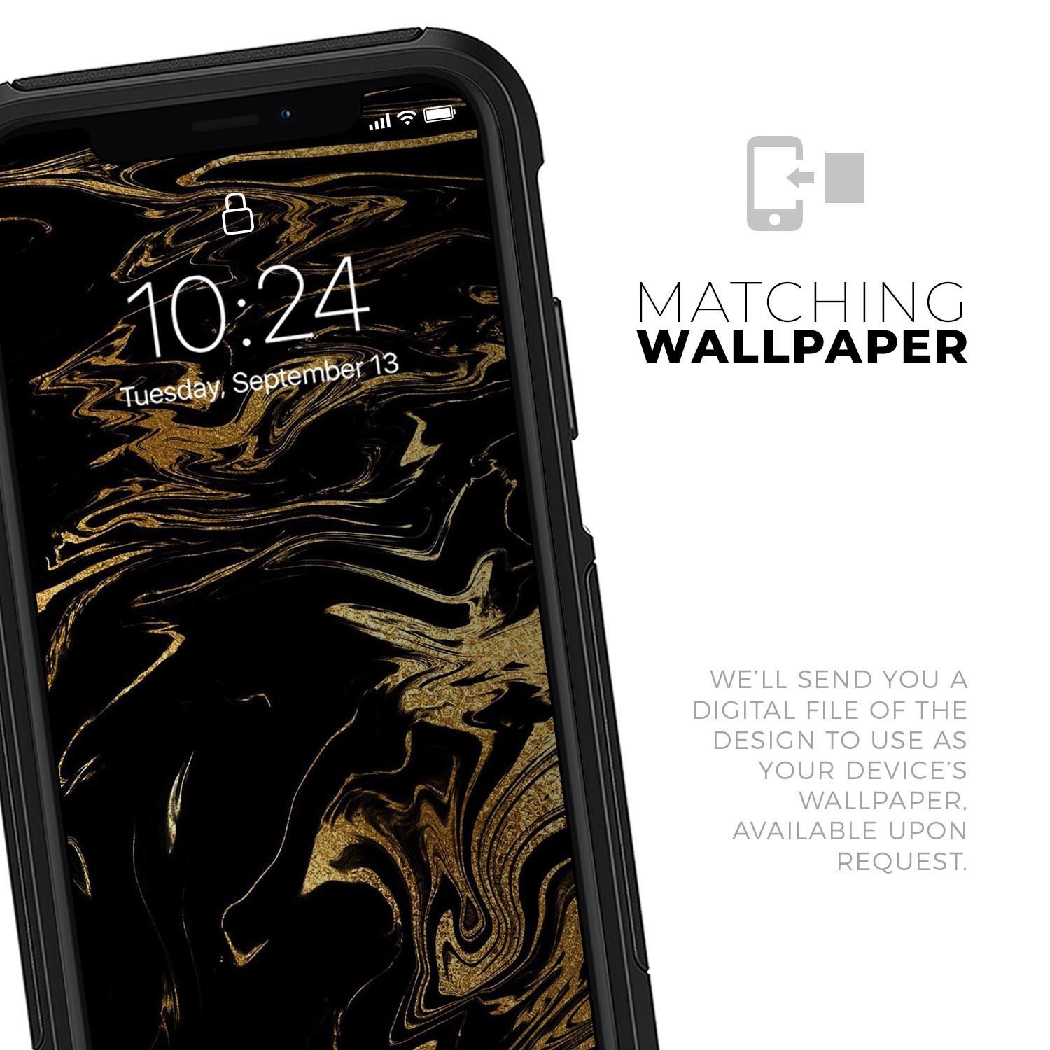 Black & Gold Marble Swirl V12 Skin Kit for iPhone OtterBox Cases, showcasing a stylish marble design with premium finish.