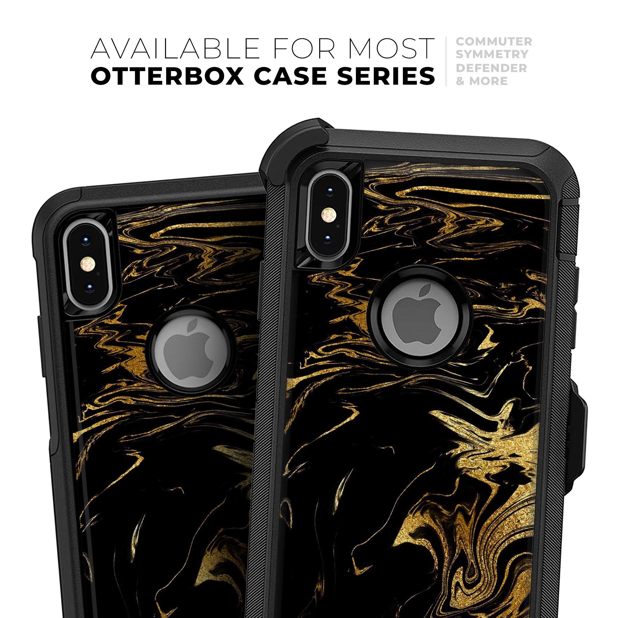 Black & Gold Marble Swirl V12 Skin Kit for iPhone OtterBox Cases, showcasing a stylish marble design with premium finish.