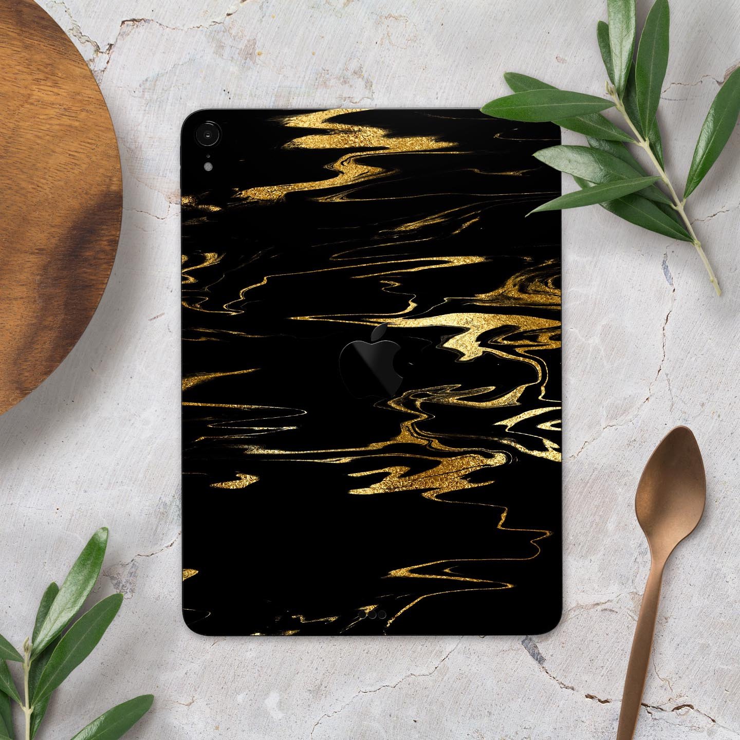Black & Gold Marble Swirl V2 skin decal for Apple iPad, showcasing a stylish marble design with premium finish.