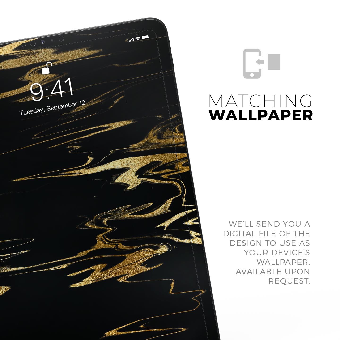 Black & Gold Marble Swirl V2 skin decal for Apple iPad, showcasing a stylish marble design with premium finish.