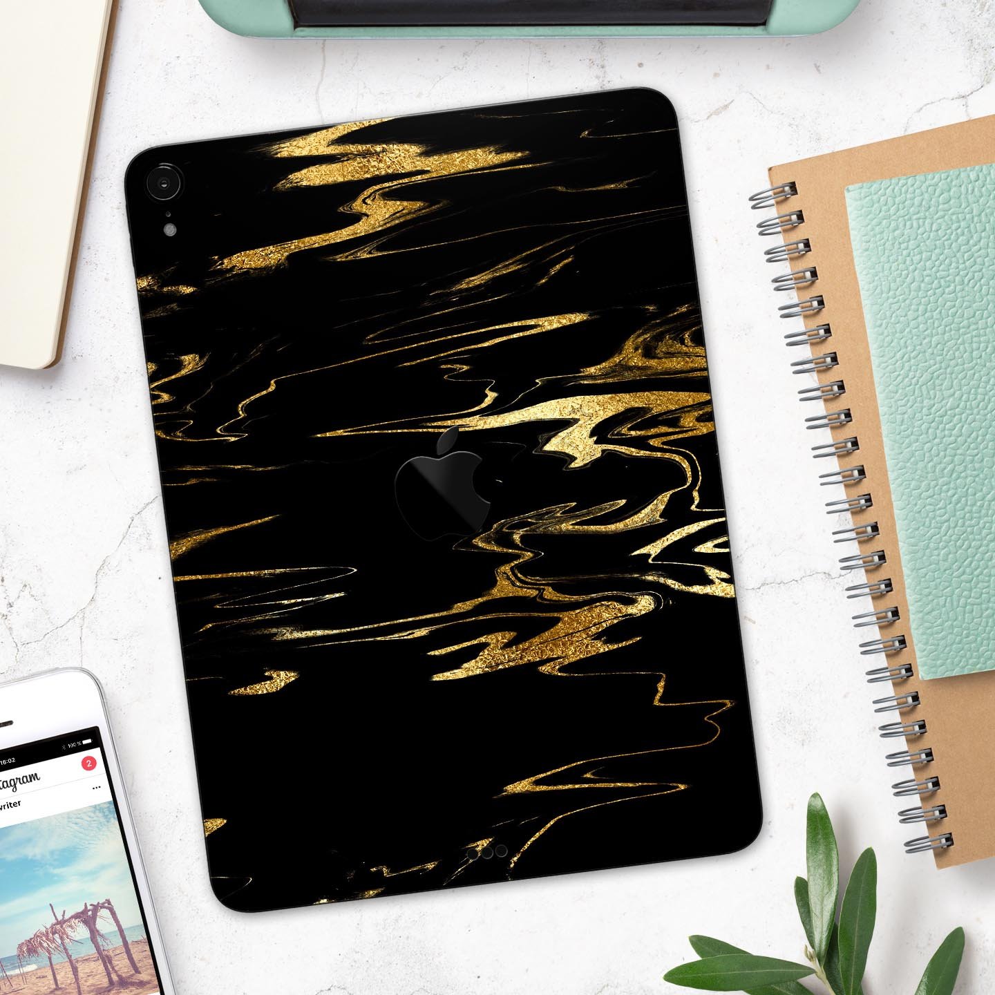 Black & Gold Marble Swirl V2 skin decal for Apple iPad, showcasing a stylish marble design with premium finish.