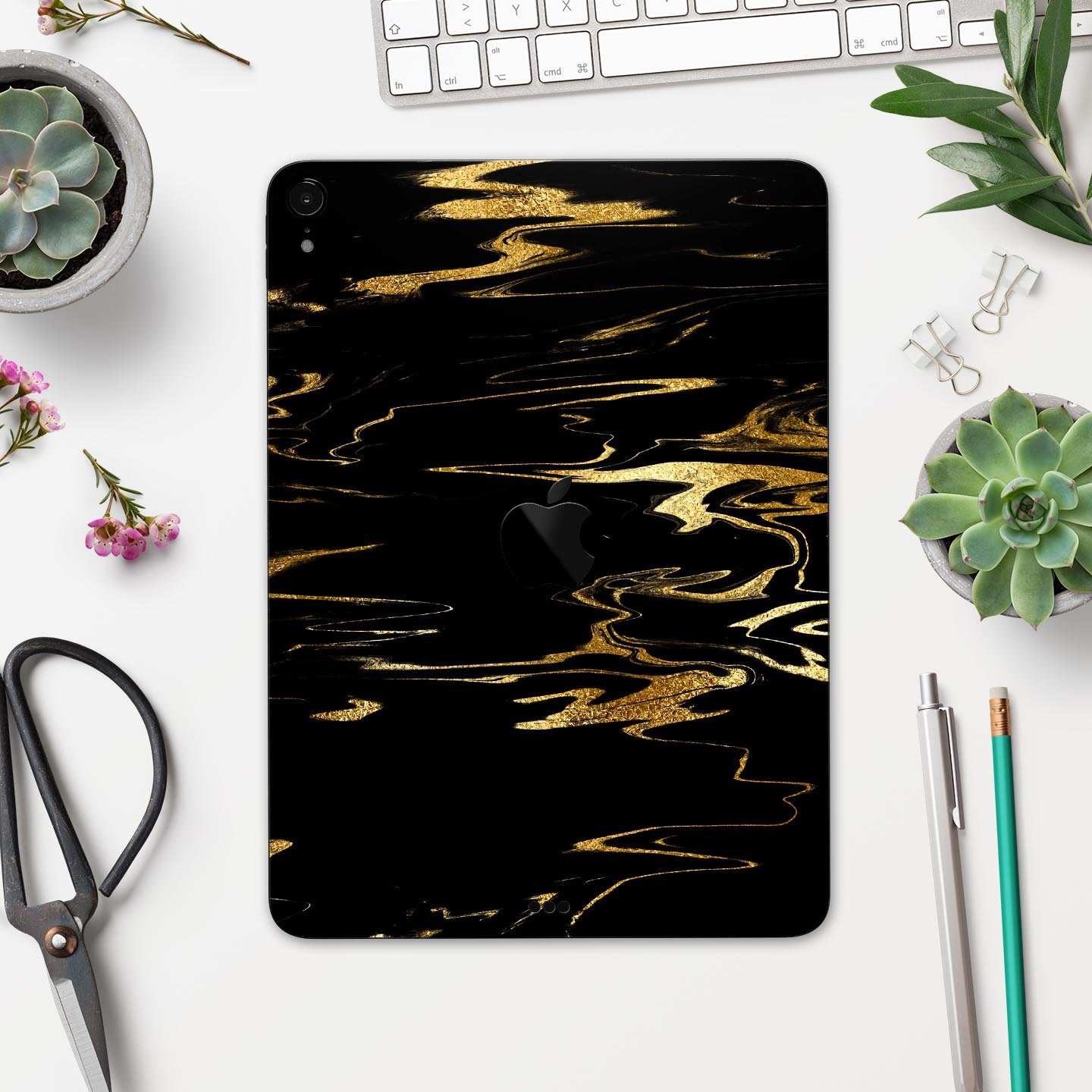 Black & Gold Marble Swirl V2 skin decal for Apple iPad, showcasing a stylish marble design with premium finish.