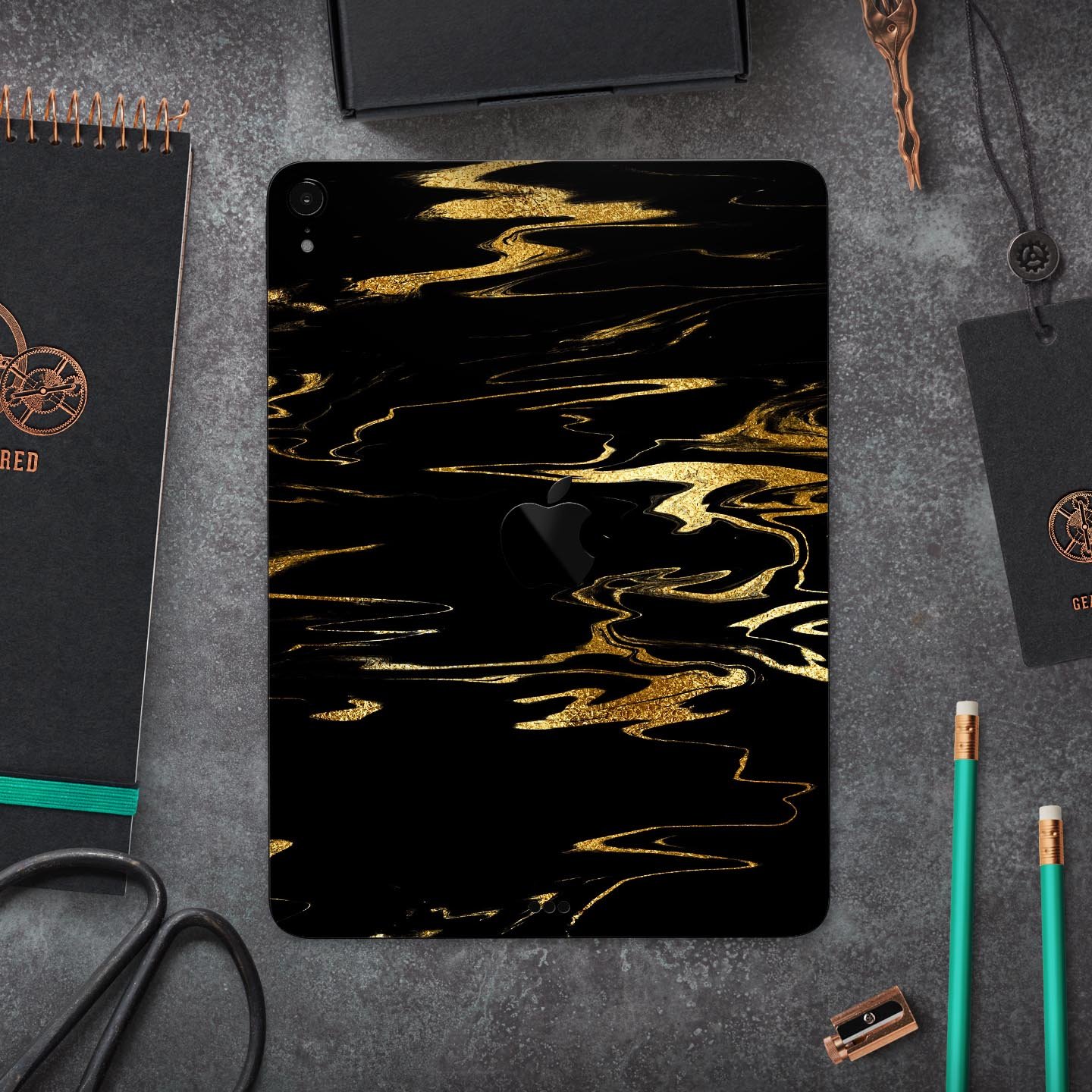 Black & Gold Marble Swirl V2 skin decal for Apple iPad, showcasing a stylish marble design with premium finish.