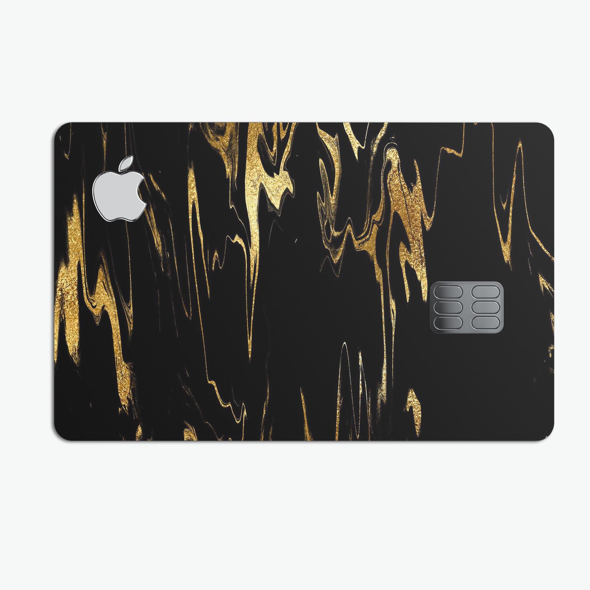Black and gold marble swirl decal skin for Apple Card, showcasing a luxurious design with protective features.
