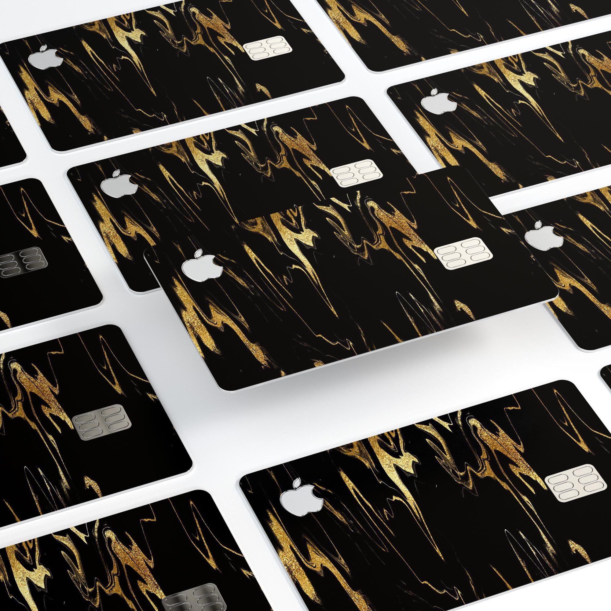 Black and gold marble swirl decal skin for Apple Card, showcasing a luxurious design with protective features.