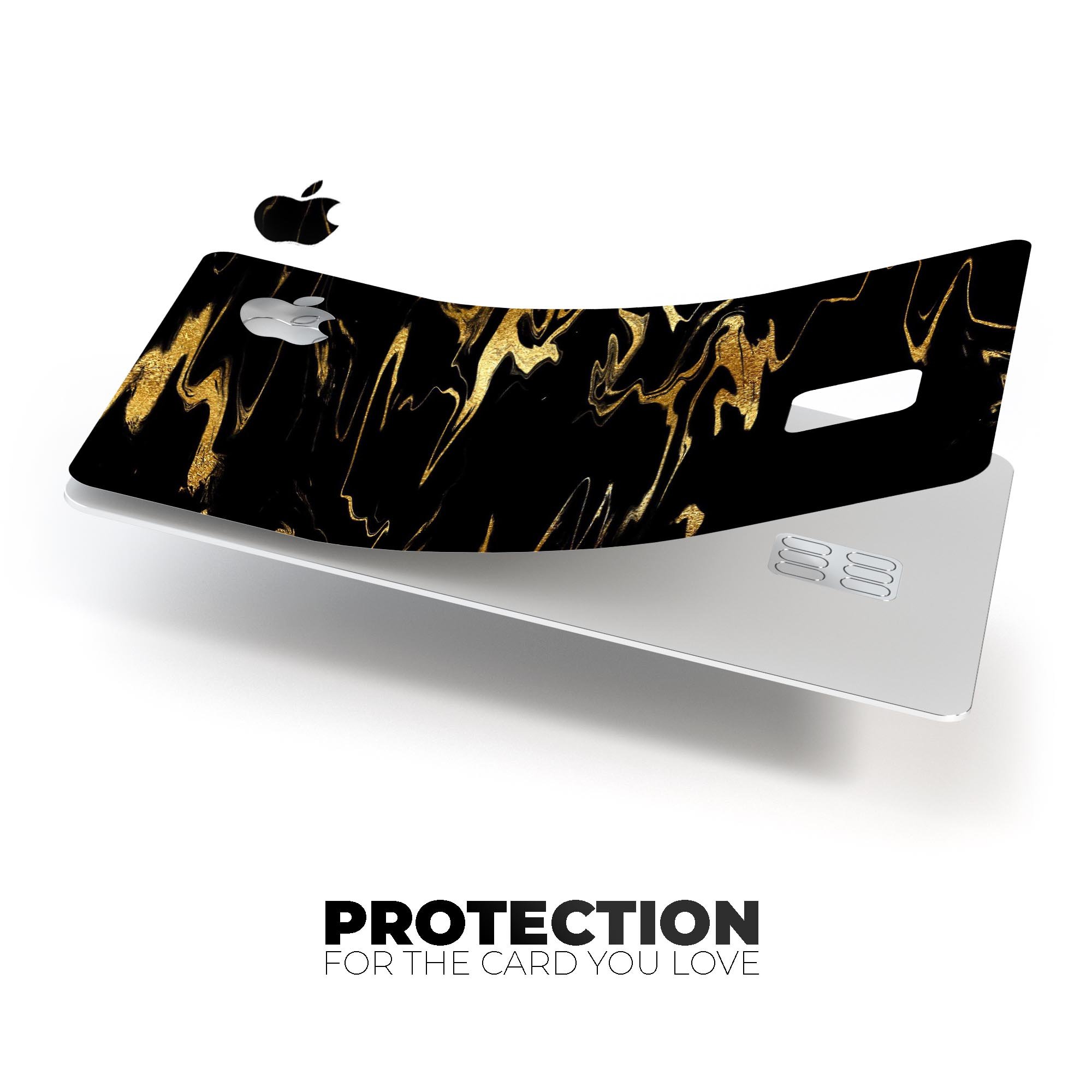 Black and gold marble swirl decal skin for Apple Card, showcasing a luxurious design with protective features.