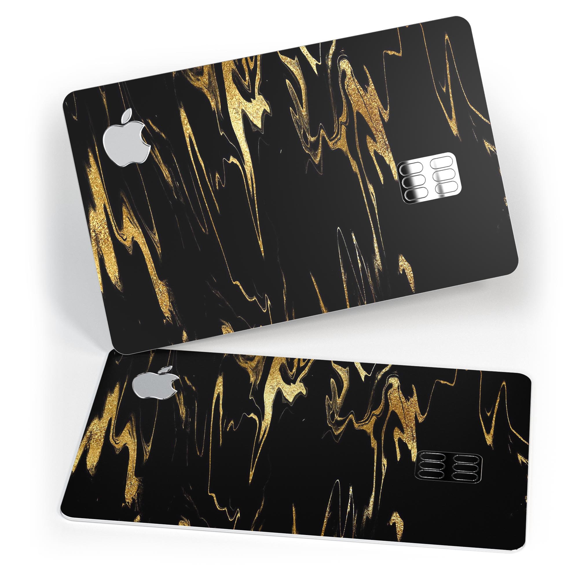 Black and gold marble swirl decal skin for Apple Card, showcasing a luxurious design with protective features.
