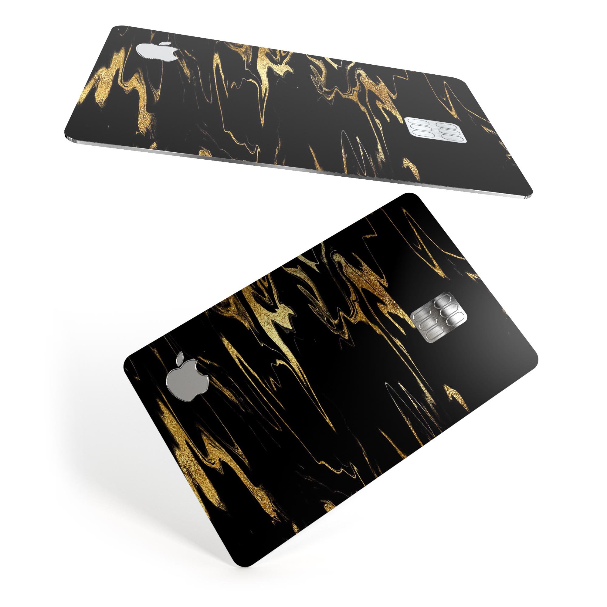 Black and gold marble swirl decal skin for Apple Card, showcasing a luxurious design with protective features.