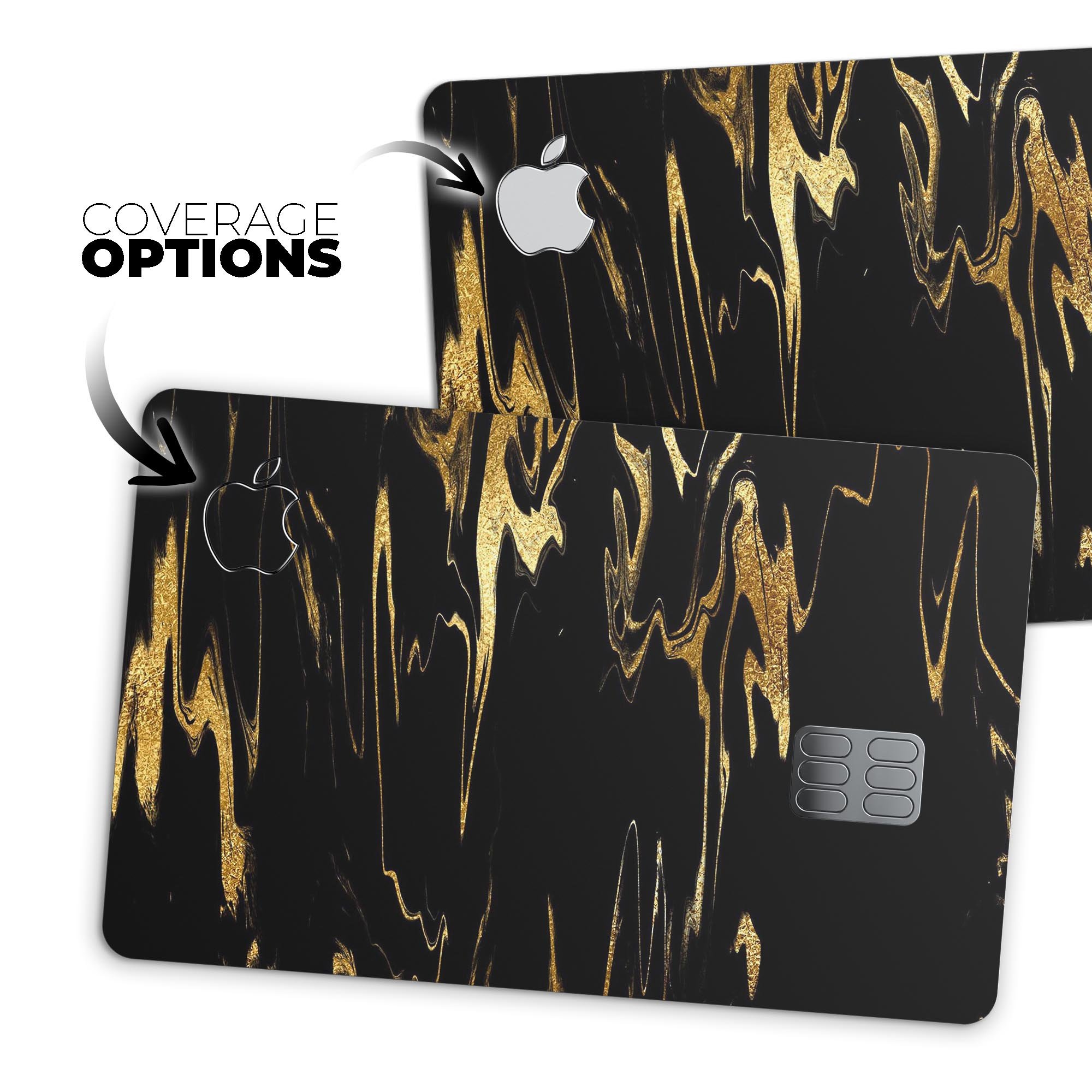 Black and gold marble swirl decal skin for Apple Card, showcasing a luxurious design with protective features.