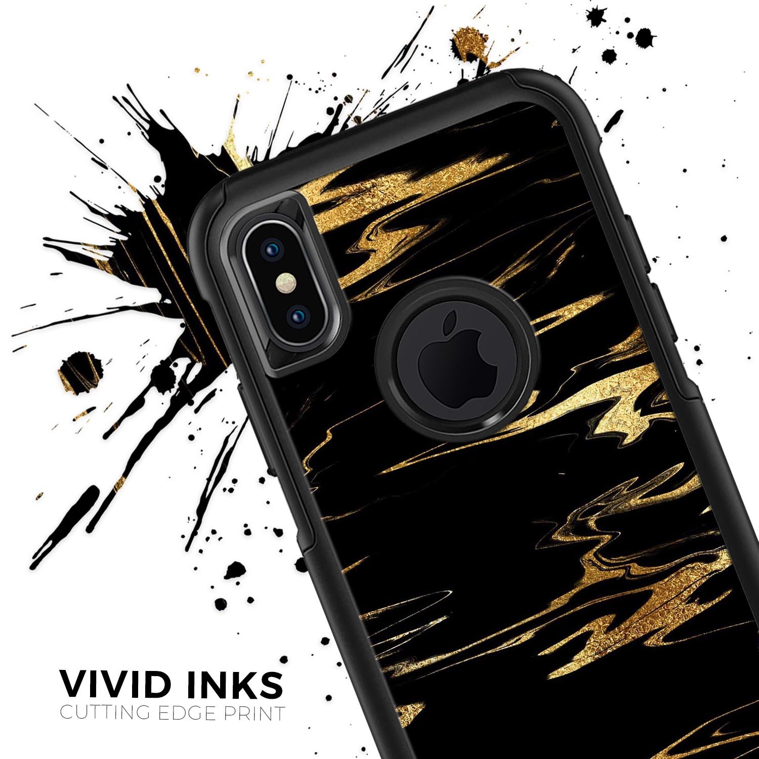 Black and gold marble swirl skin kit for iPhone OtterBox cases, showcasing a stylish design with premium finish.