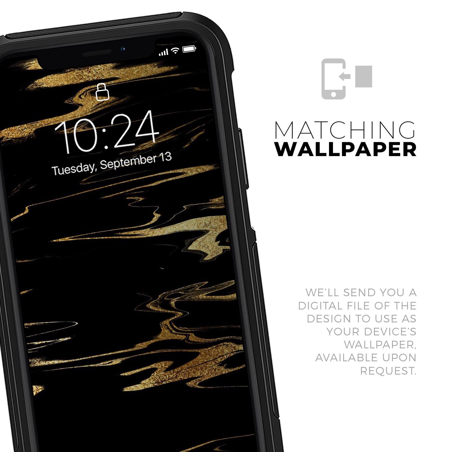 Black and gold marble swirl skin kit for iPhone OtterBox cases, showcasing a stylish design with premium finish.