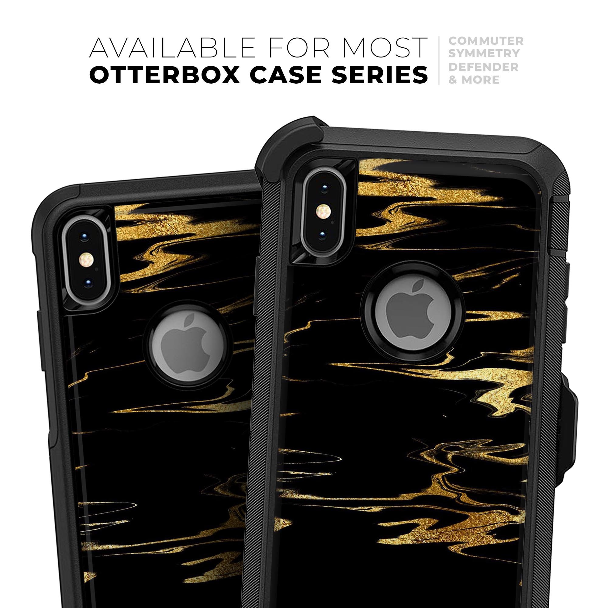 Black and gold marble swirl skin kit for iPhone OtterBox cases, showcasing a stylish design with premium finish.