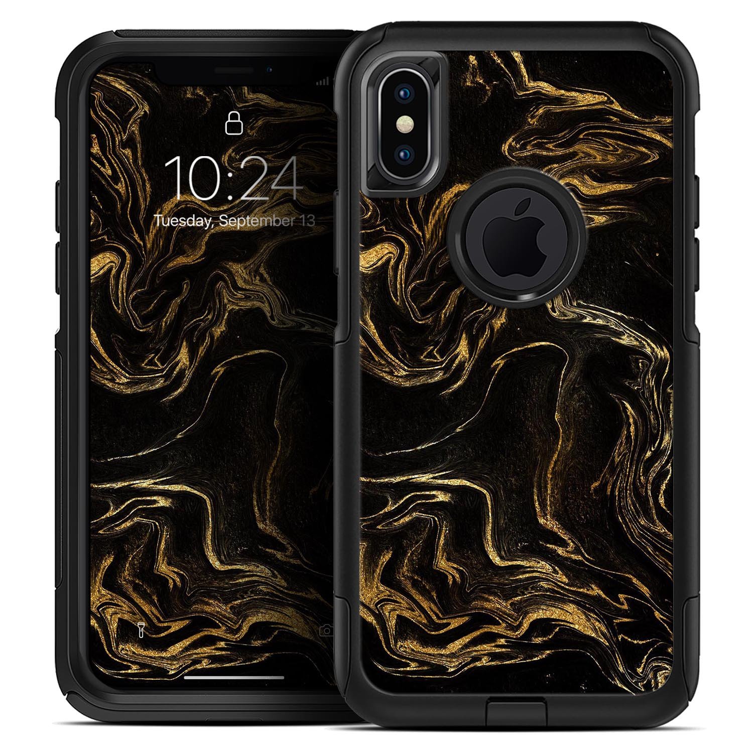 Black and gold marble swirl skin kit for iPhone OtterBox cases, showcasing a stylish design with a glossy finish.