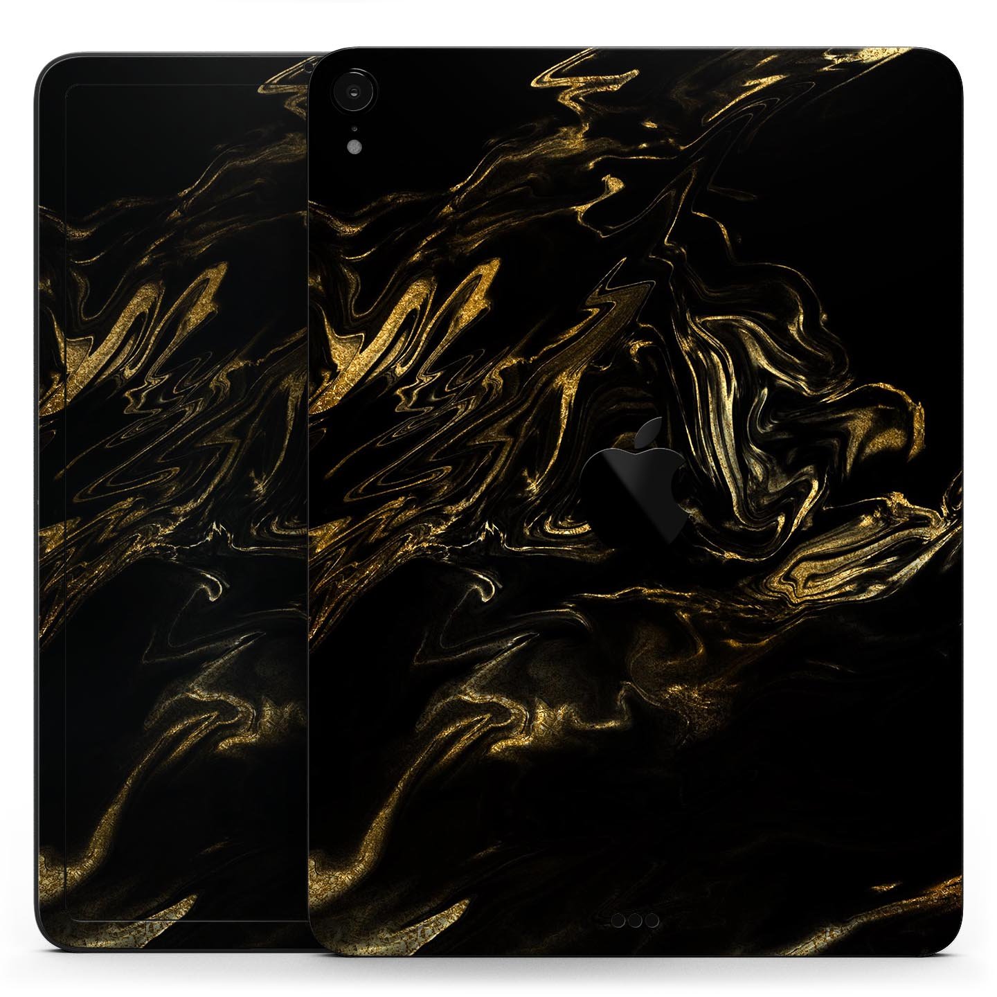 Black and gold marble swirl skin decal for Apple iPad, showcasing a stylish design with premium finish.